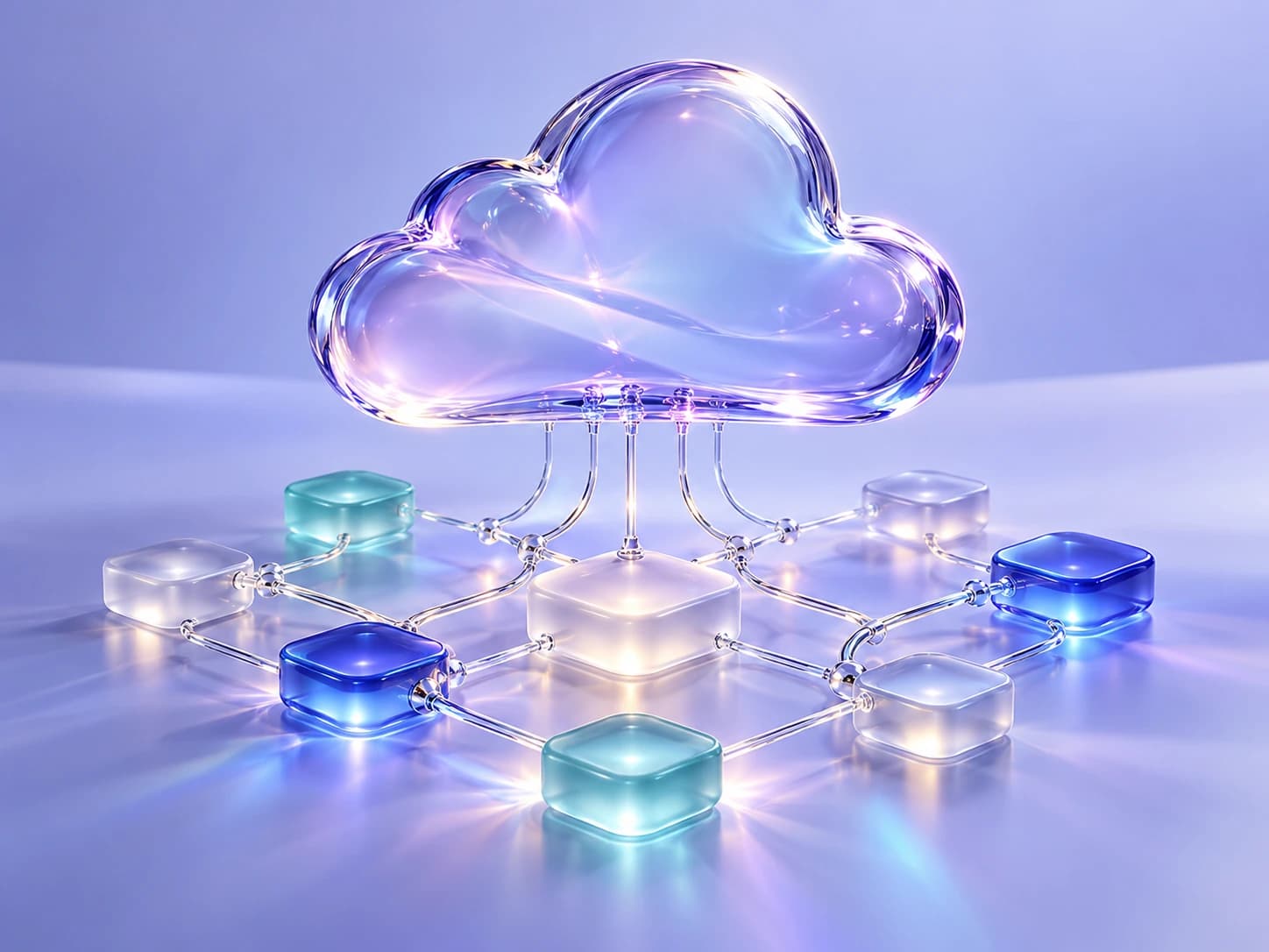 A translucent lavender cloud connected to customer-data nodes, illustrating unified cloud and CRM systems.