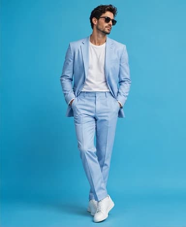 Model in an icy blue suit and sunglasses against a cyan backdrop