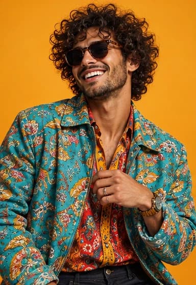 Curly-haired model wearing a colourful turquoise jacket