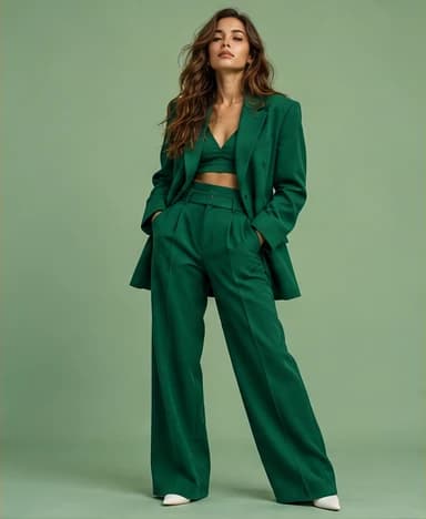 Model in an oversized emerald green suit against a sage backdrop