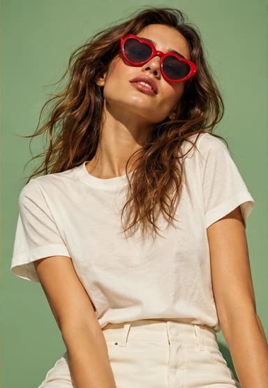 Model wearing red heart-shaped sunglasses and an ivory T-shirt