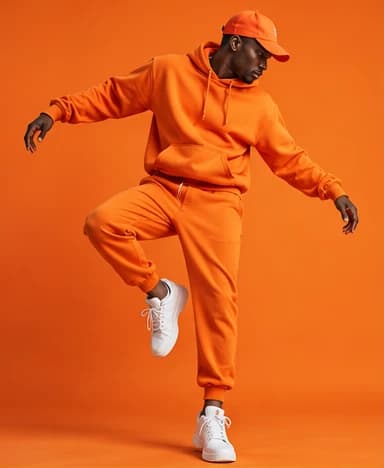 Model wearing a bold orange tracksuit and cap