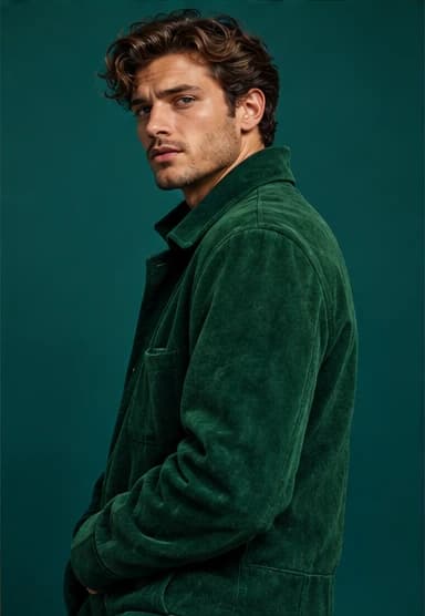 Model in an emerald green jacket against a deep teal backdrop