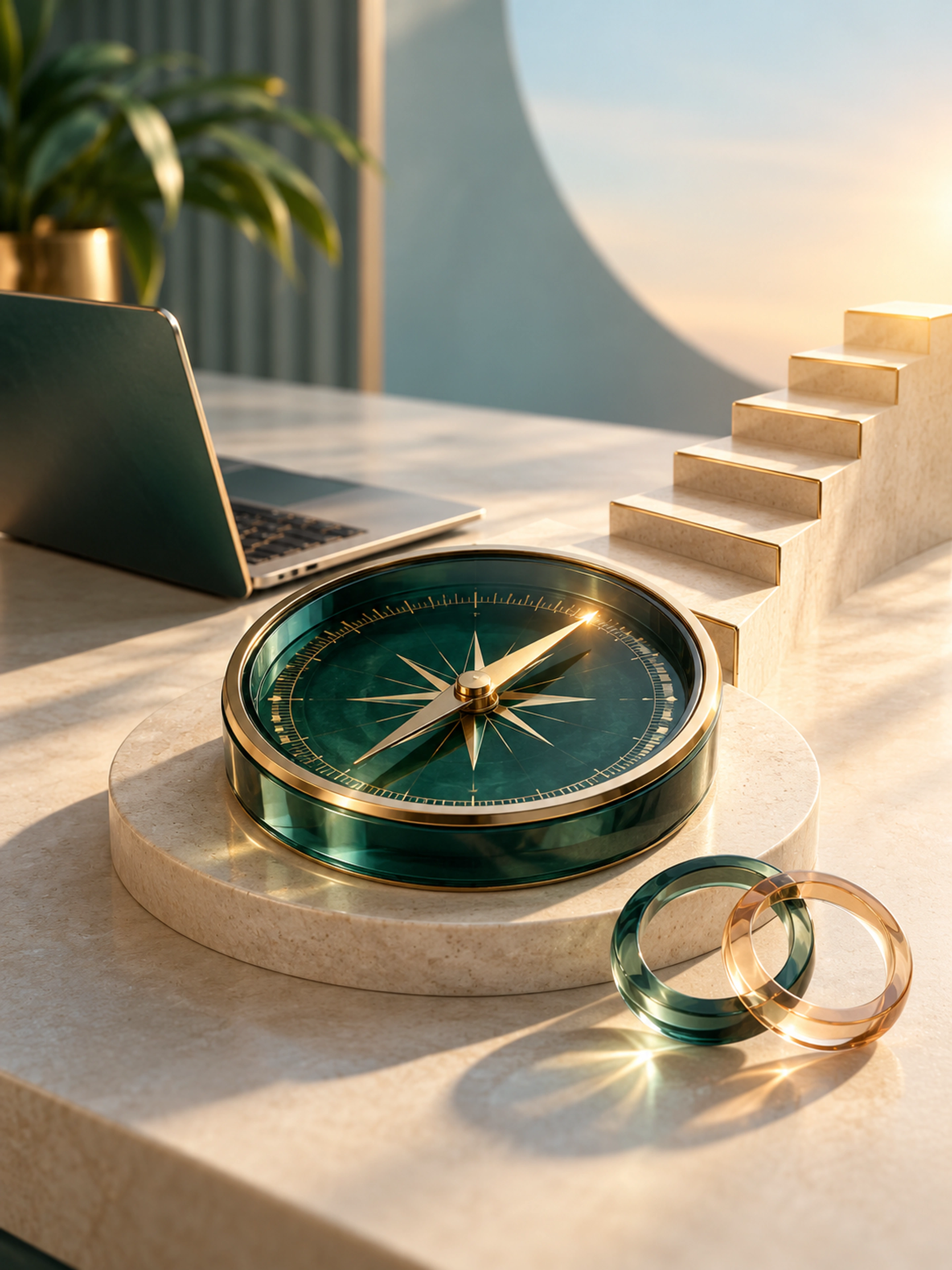 A compass, rising steps and connected technology tools representing a clear plan for business growth.