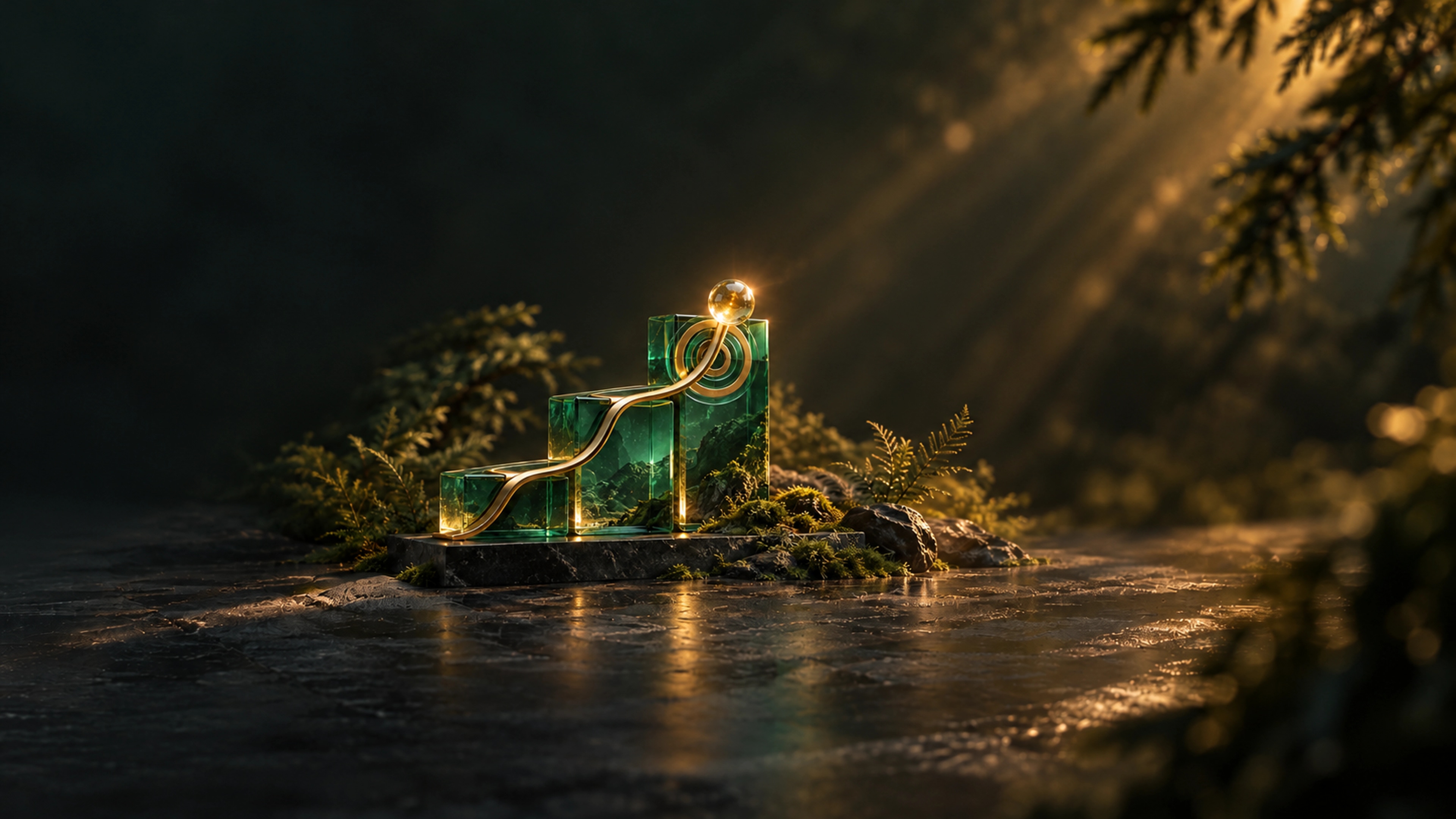 Emerald-glass steps with a golden growth path, target and glowing sphere, representing a strong foundation for business growth.