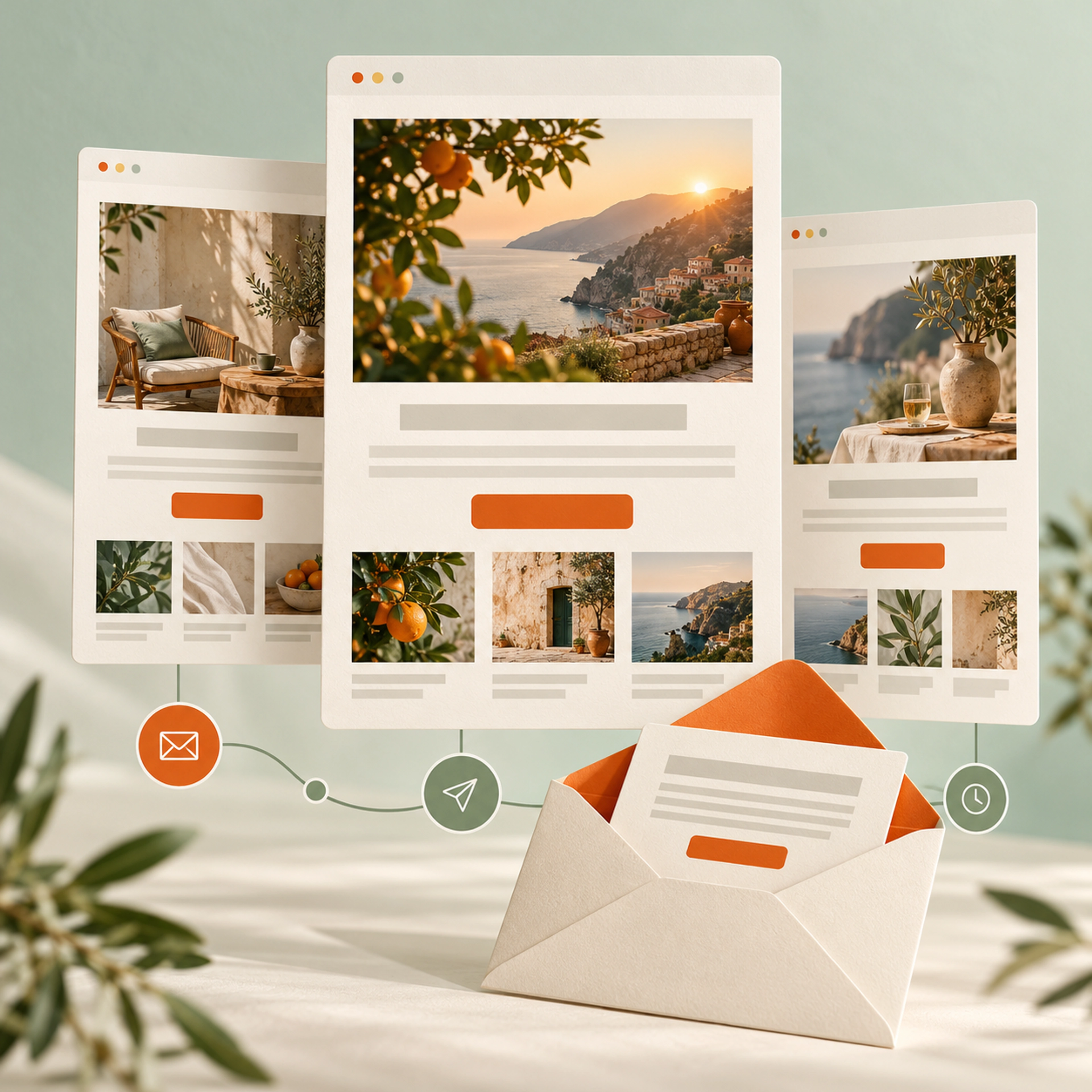 A connected email sequence with newsletter layouts and an envelope