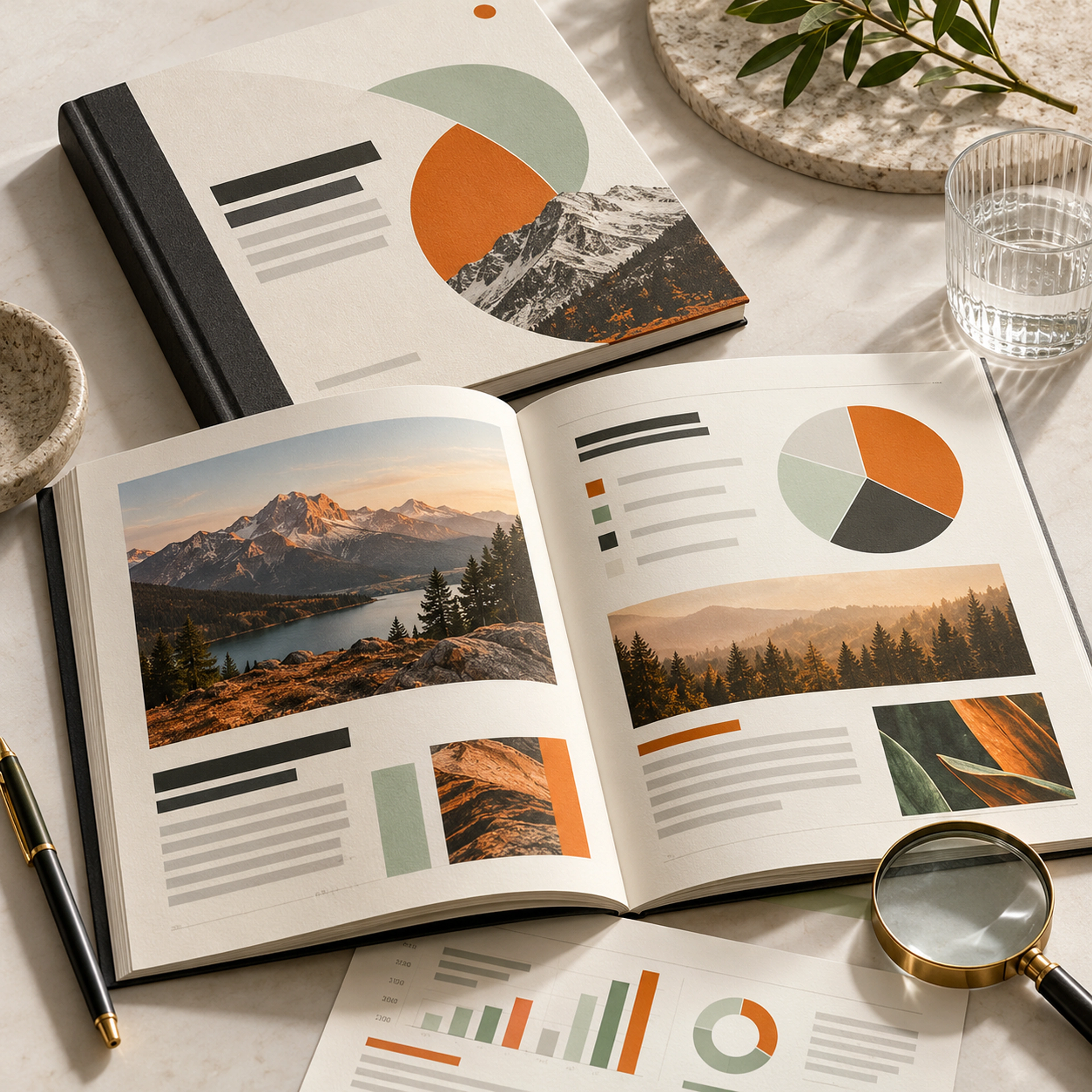 Research reports, case-study spreads and white-paper layouts