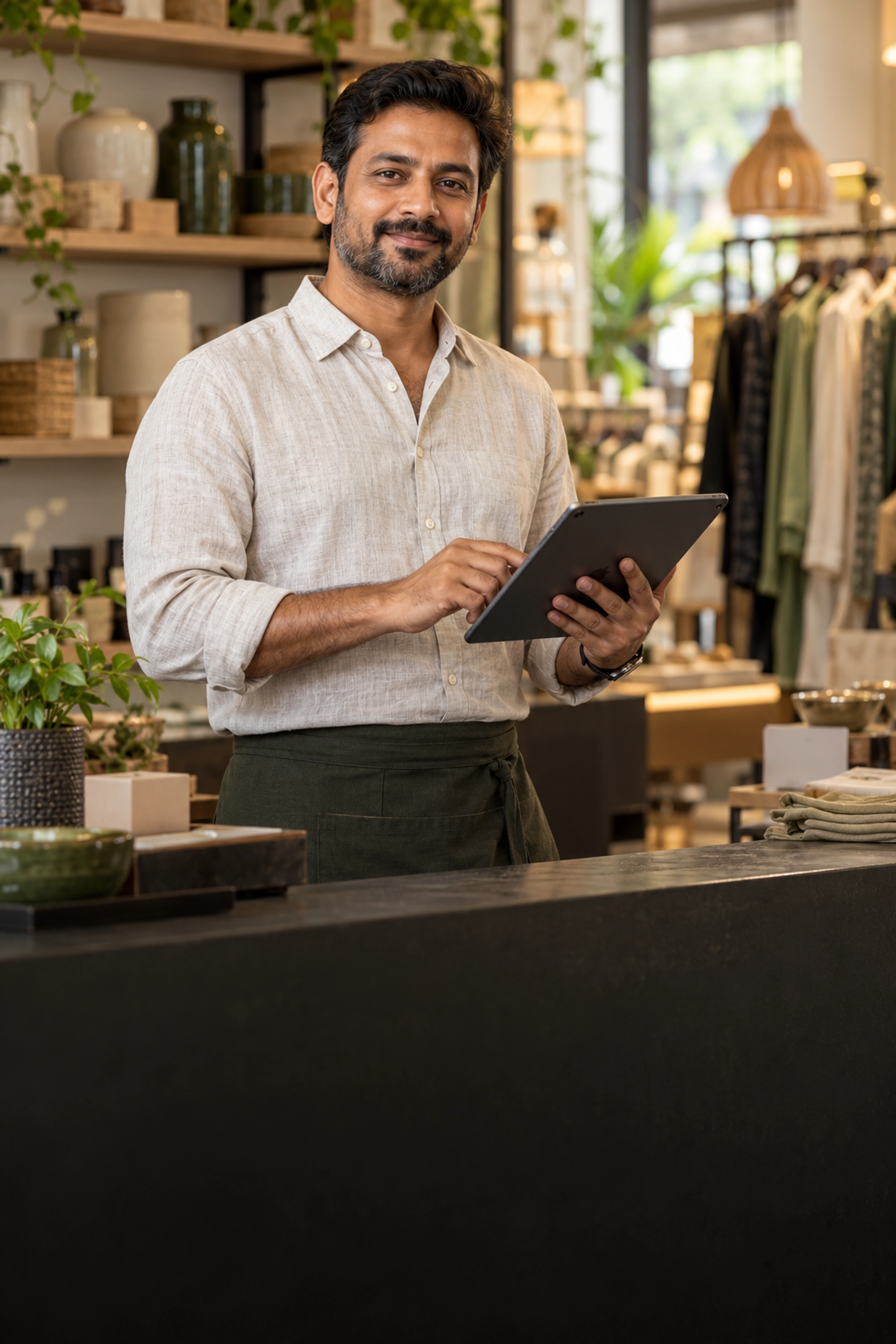 Small business owner coordinating customer enquiries on a tablet