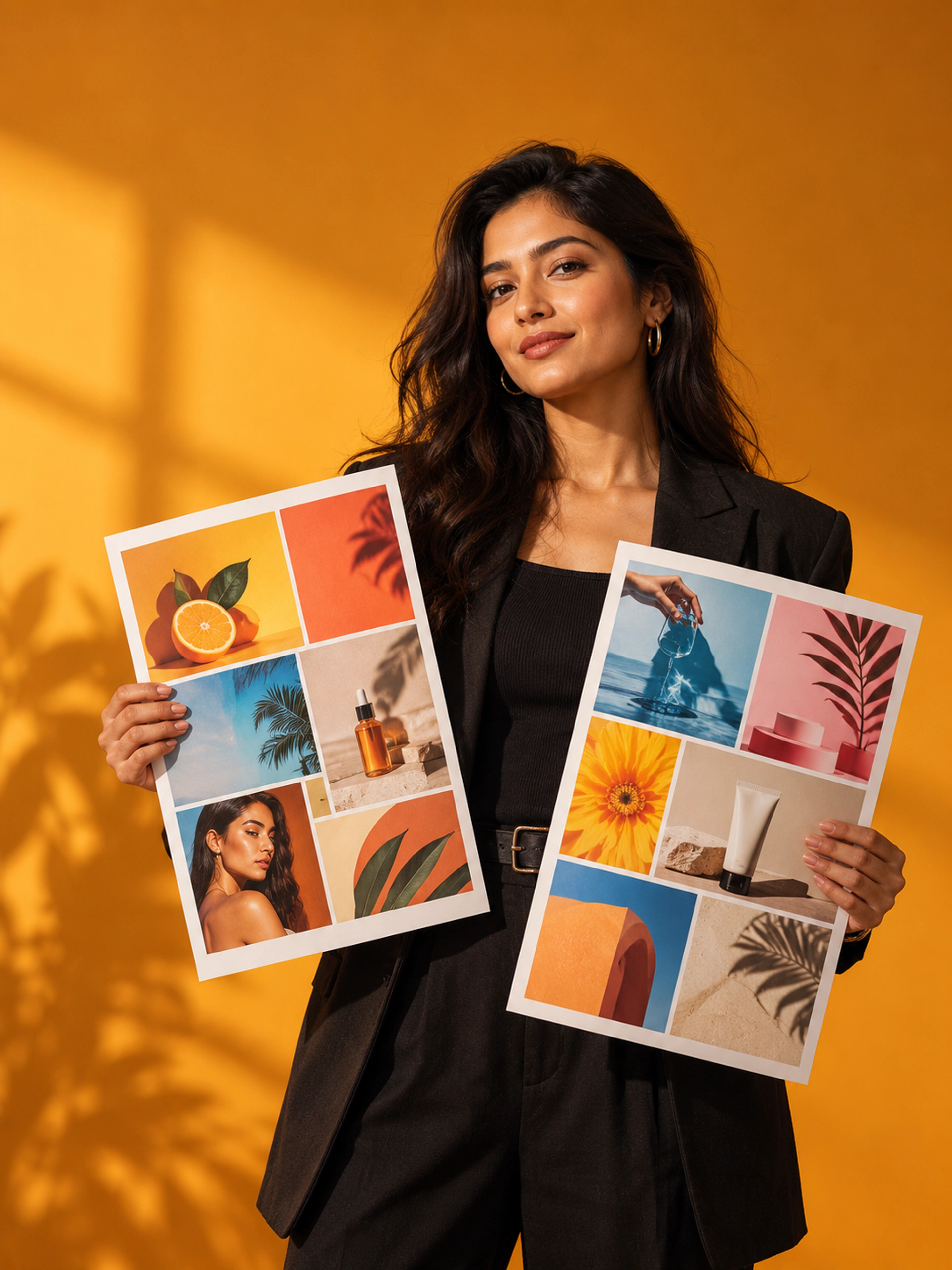 A creative strategist presenting campaign artwork against a warm orange studio backdrop