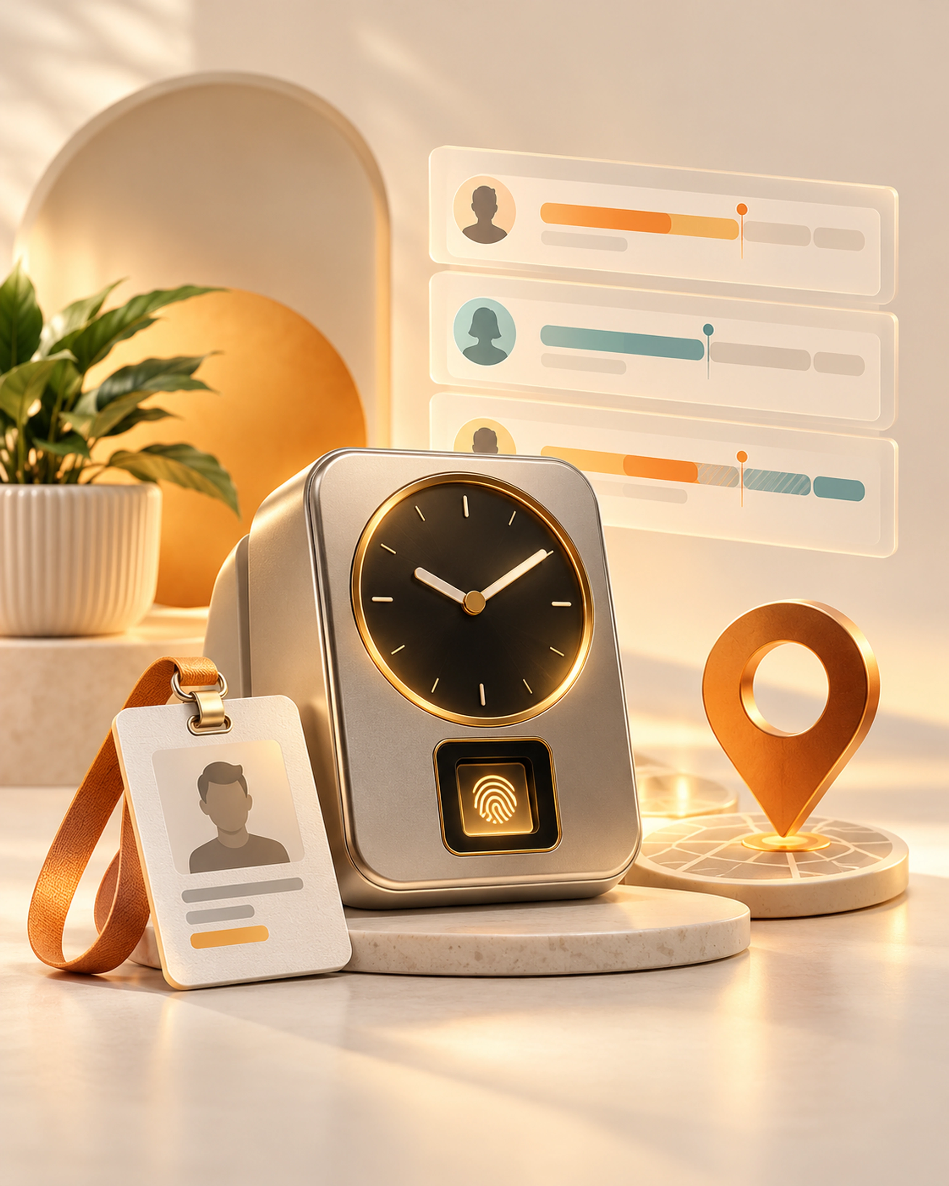 A time clock, employee badge and shift timeline illustrating attendance, geo-tracking and overtime management.