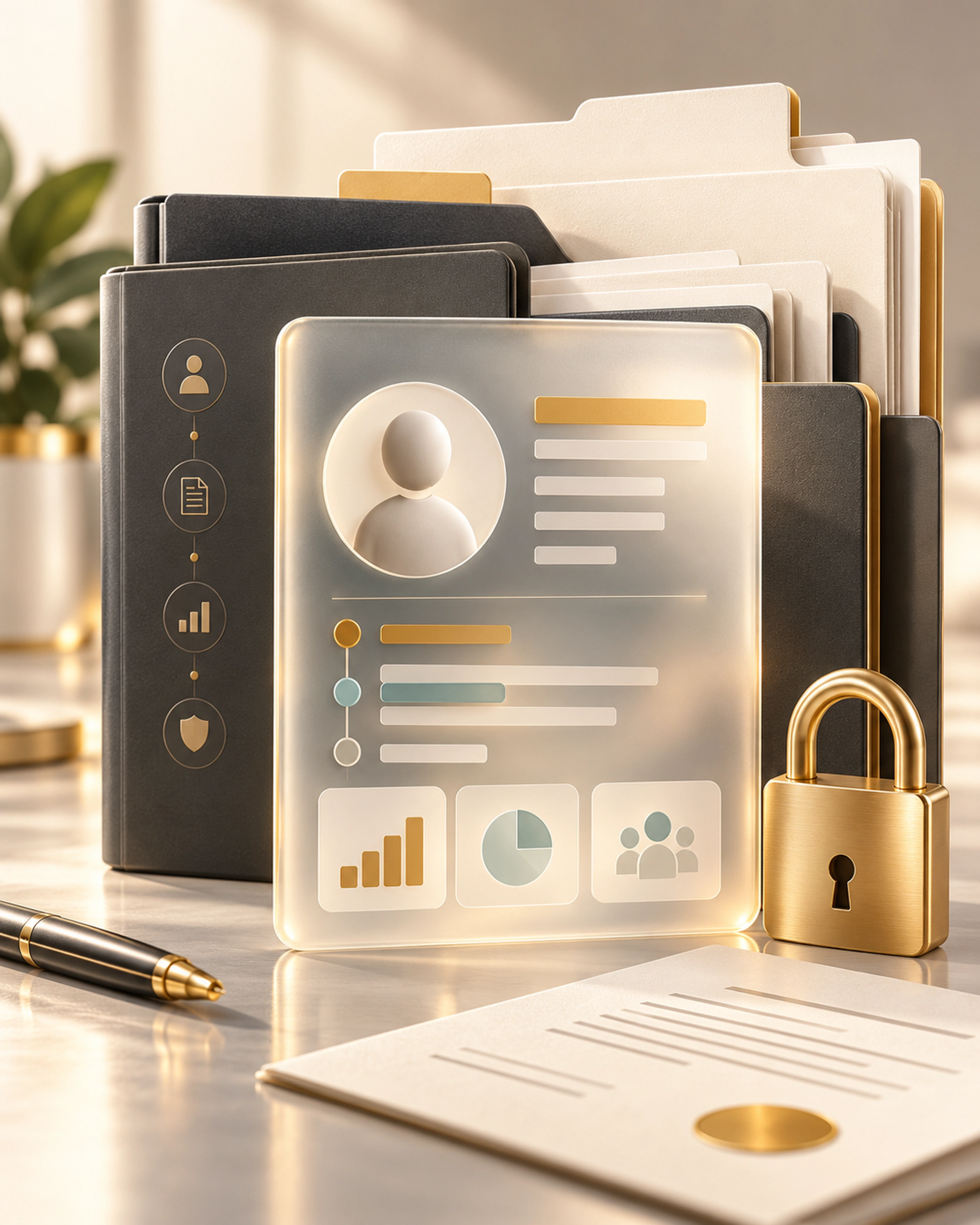 An employee profile, document folders and lock illustrating secure employee records and contracts.