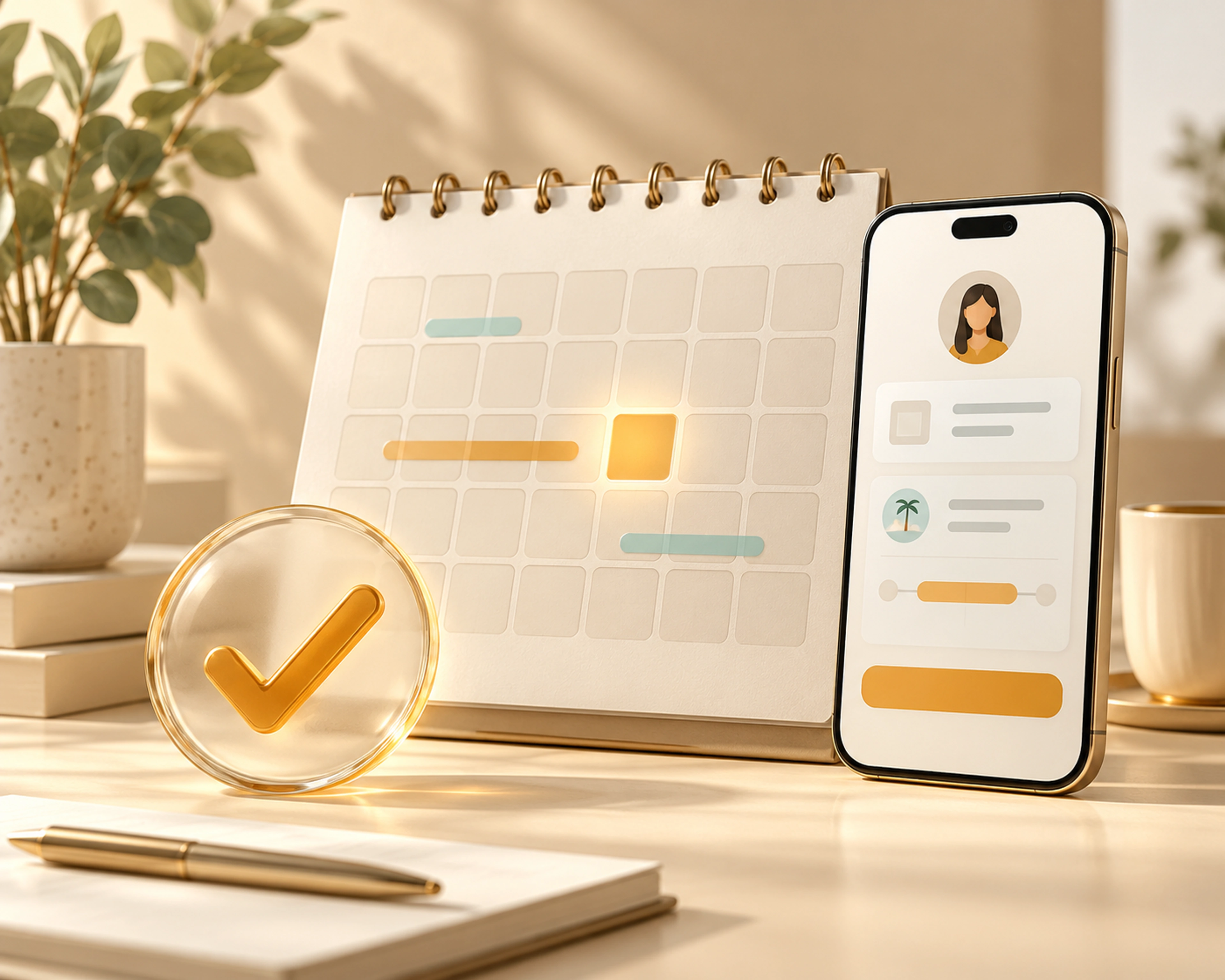 A leave calendar, mobile request card and approval checkmark illustrating leave policies and approvals.