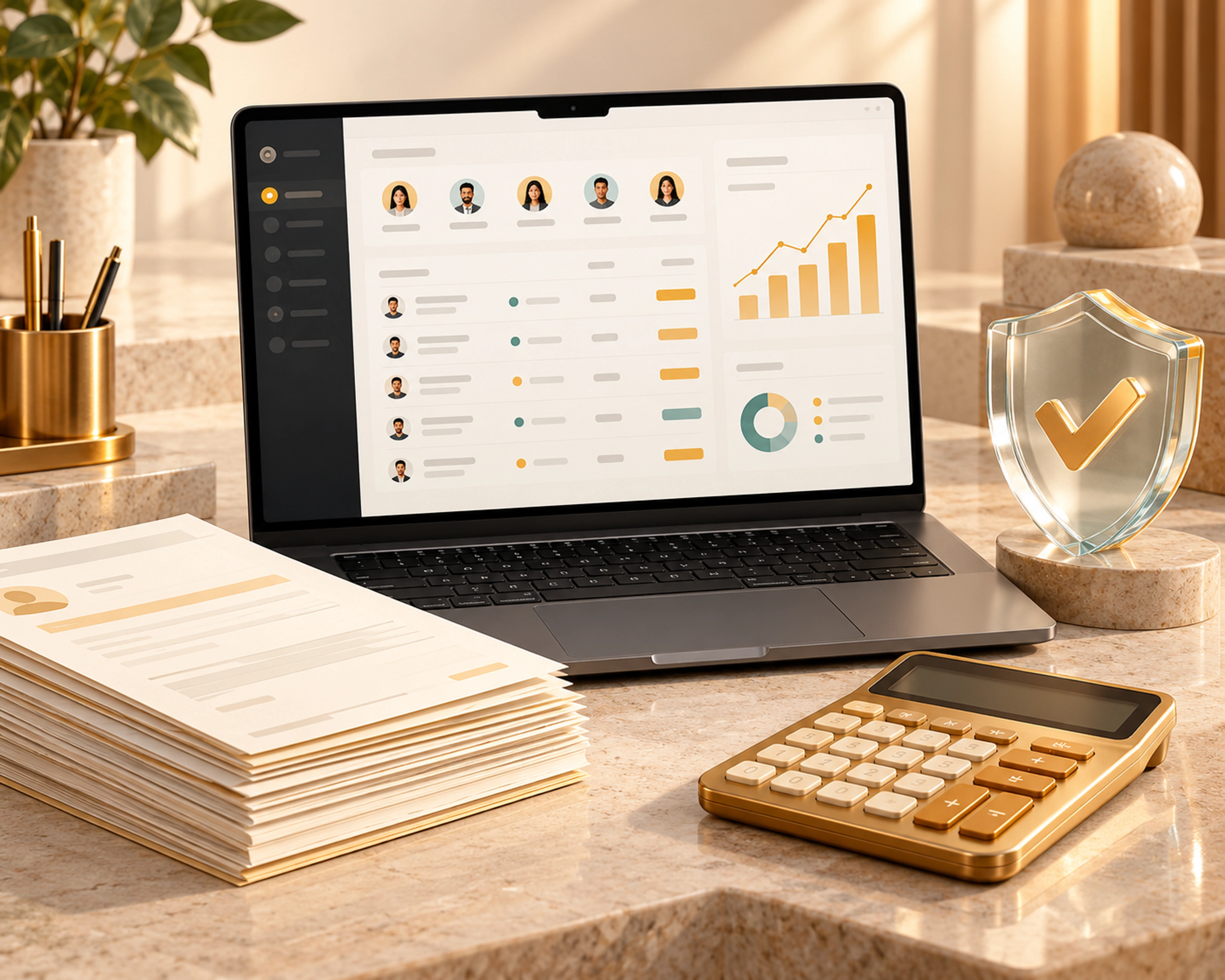 A payroll dashboard, payslips, calculator and compliance shield illustrating automated salary processing.