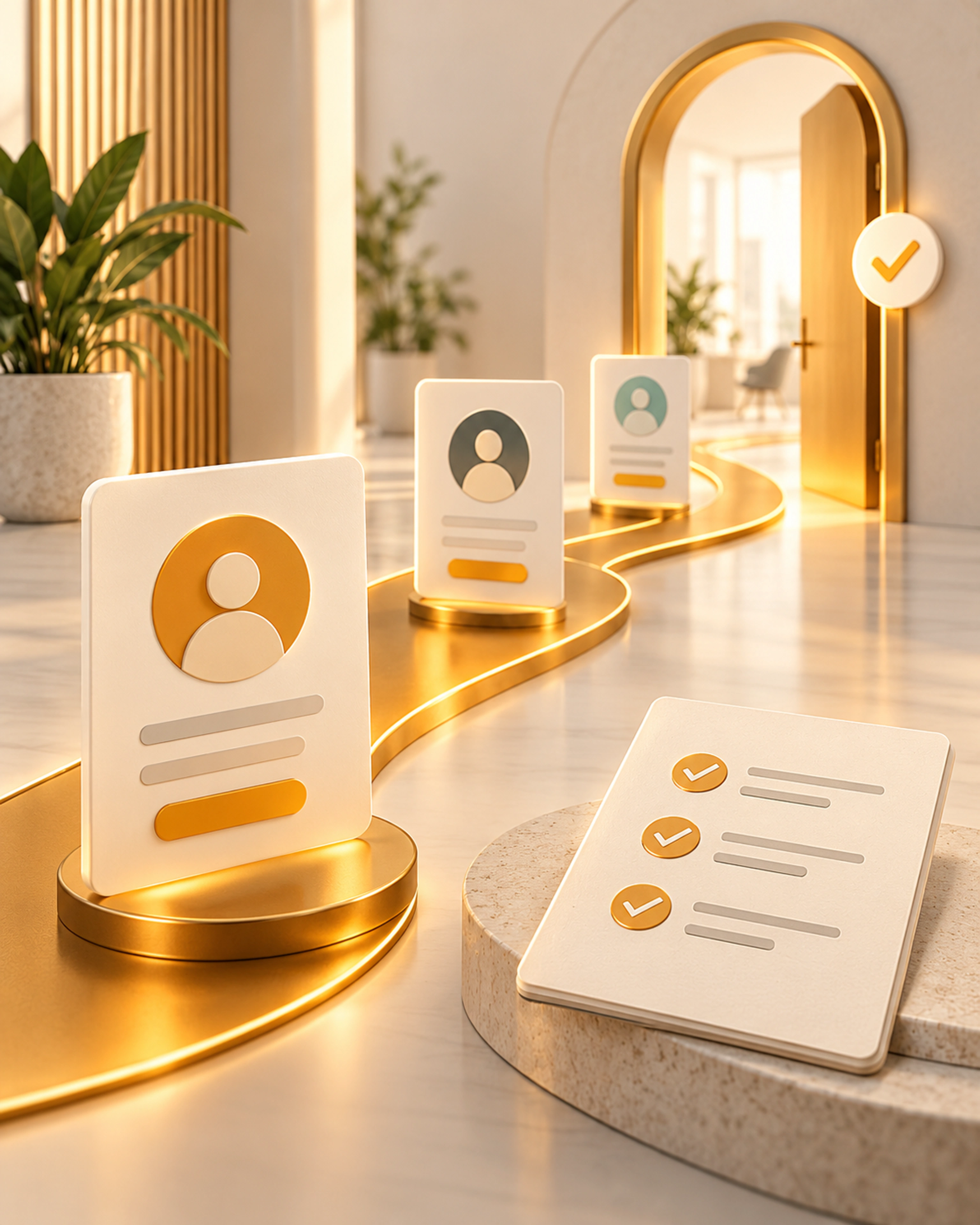 Candidate profile cards following a connected path to an onboarding checklist and welcome doorway.