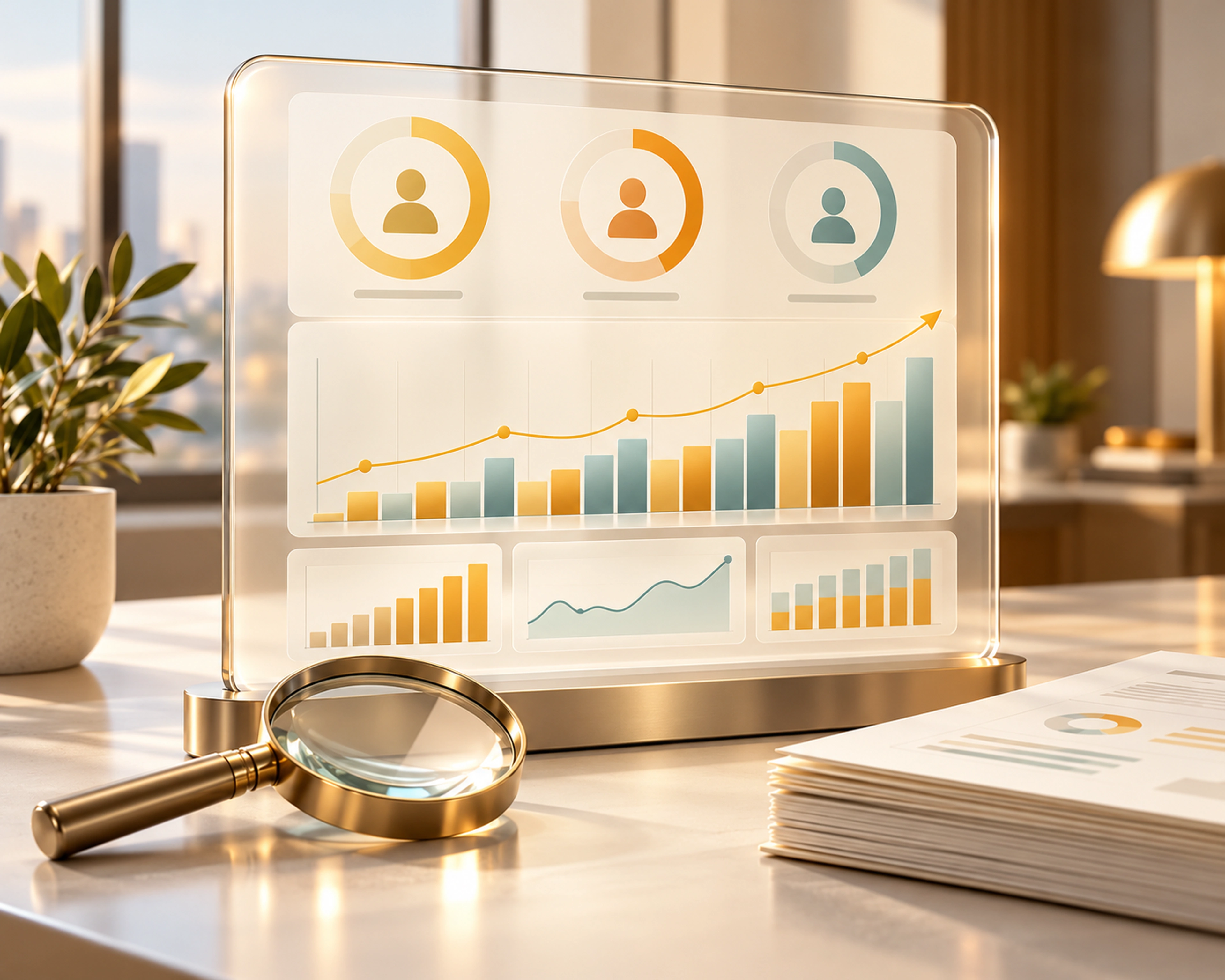 A glass dashboard with charts and headcount indicators illustrating HR reports and leadership analytics.