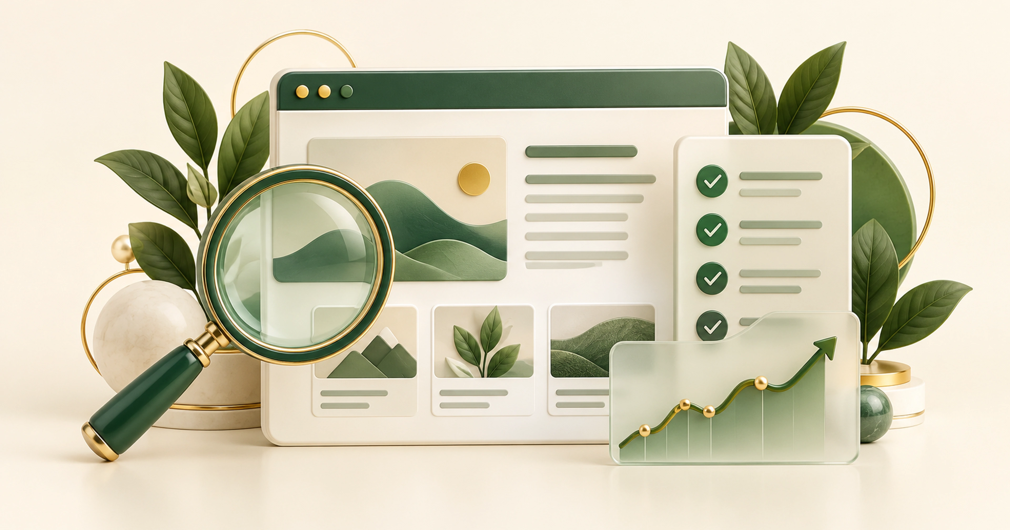 Website audit checks, search analysis and an organic growth chart