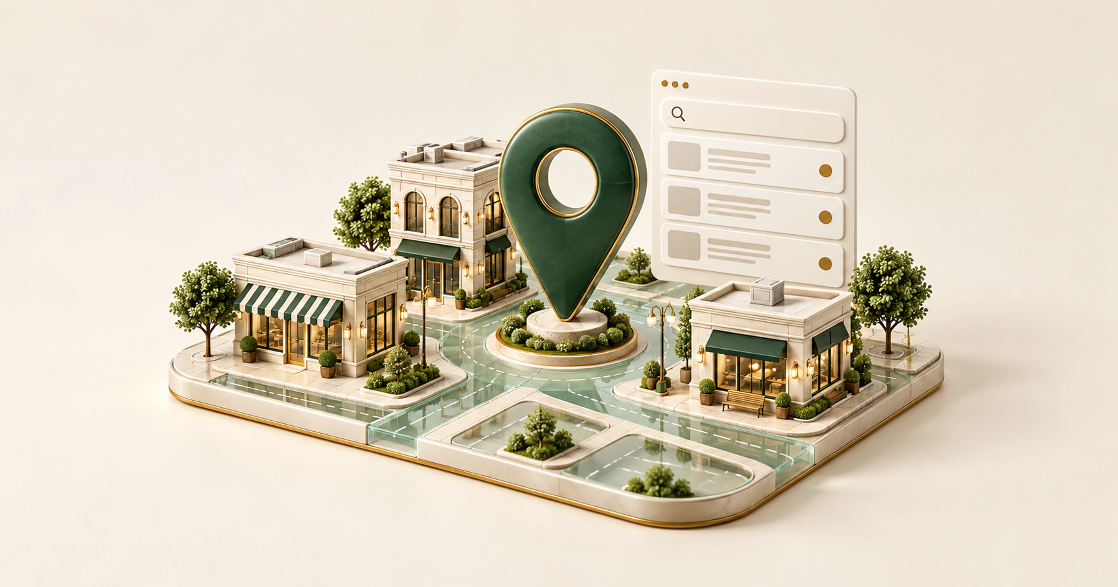 Local storefronts, a map pin and local search results