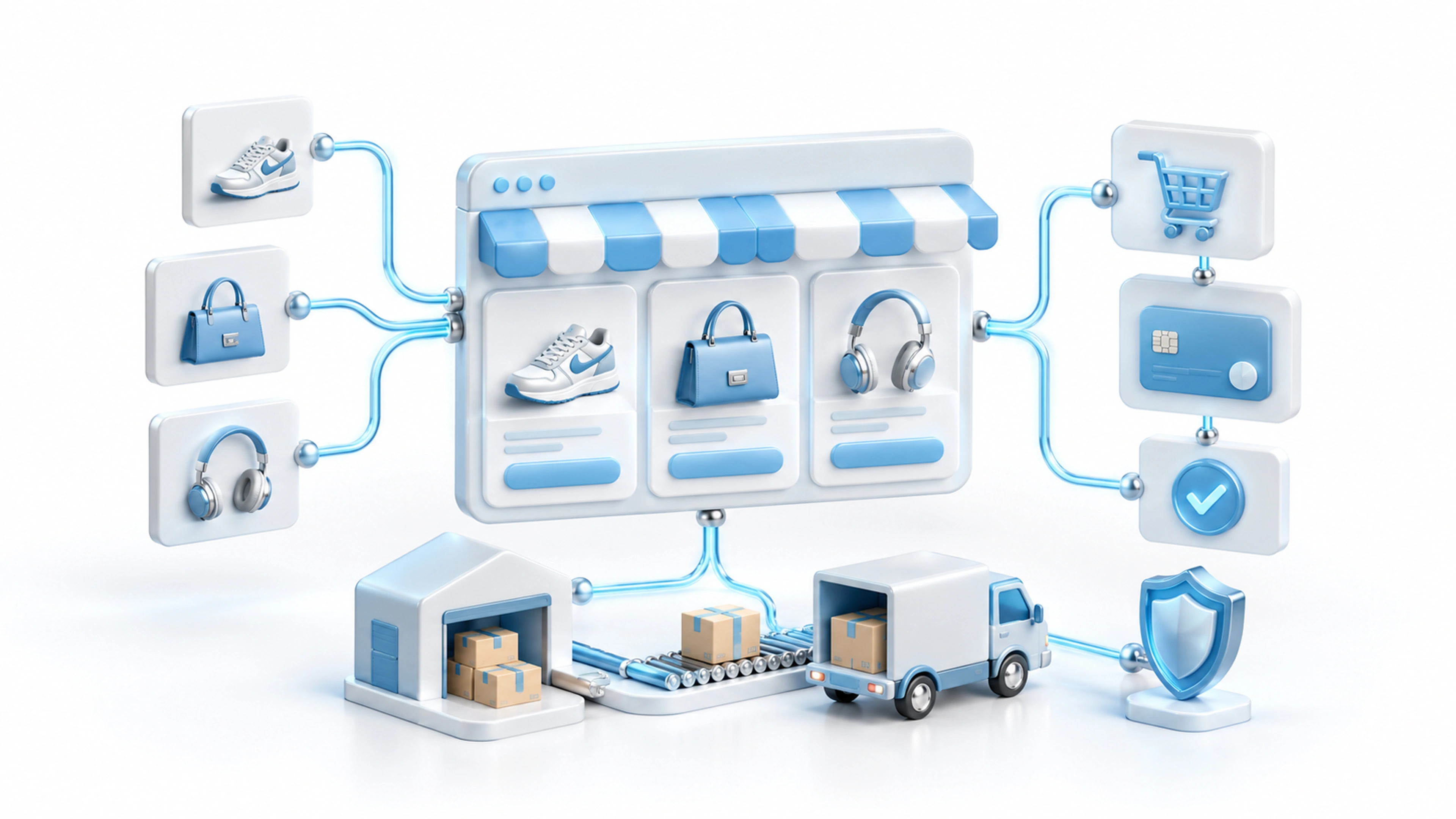 Connected product cards and checkout flows for planning an online store