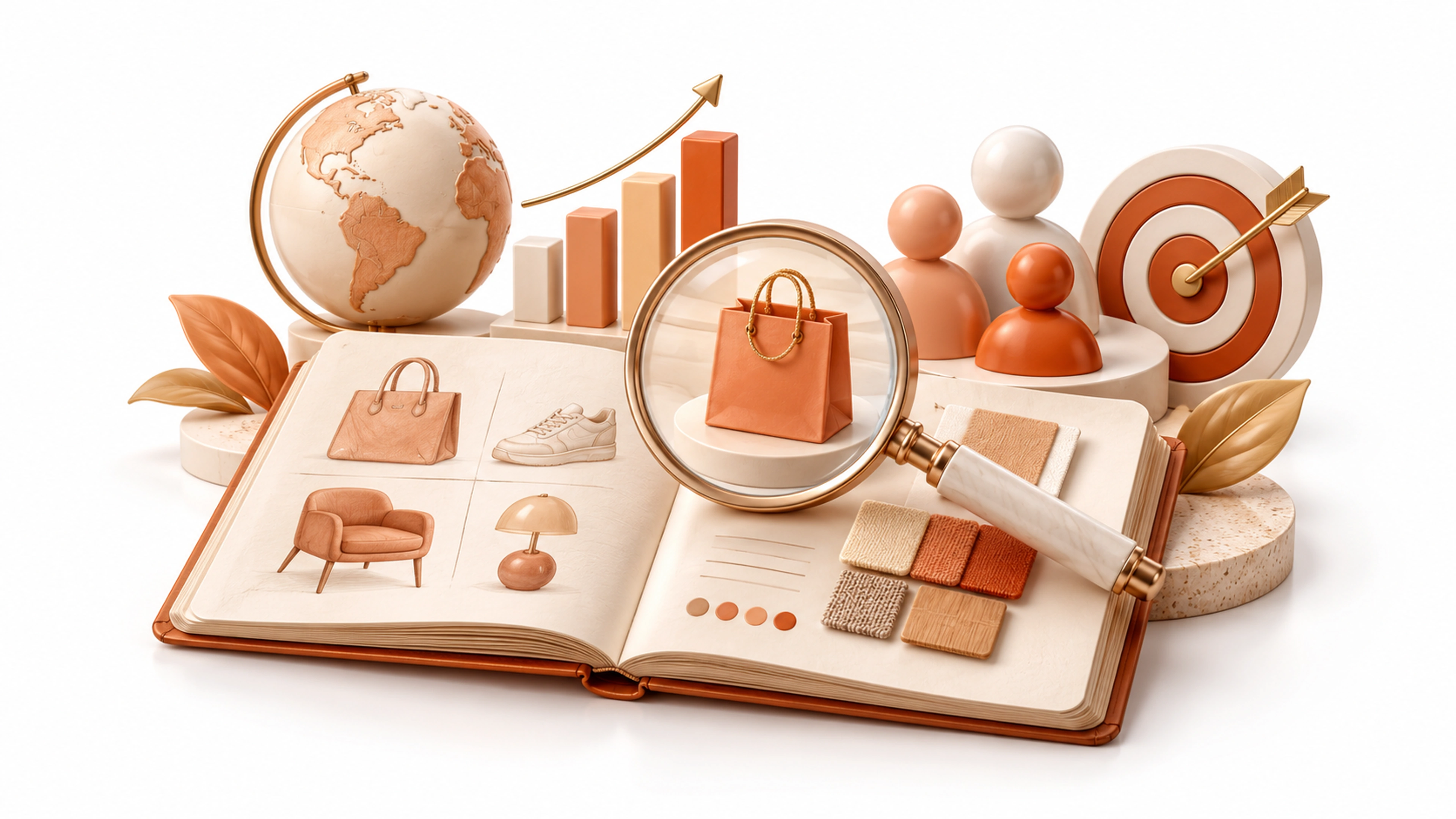 Product research notebook, audience insights and a magnifying glass for store discovery