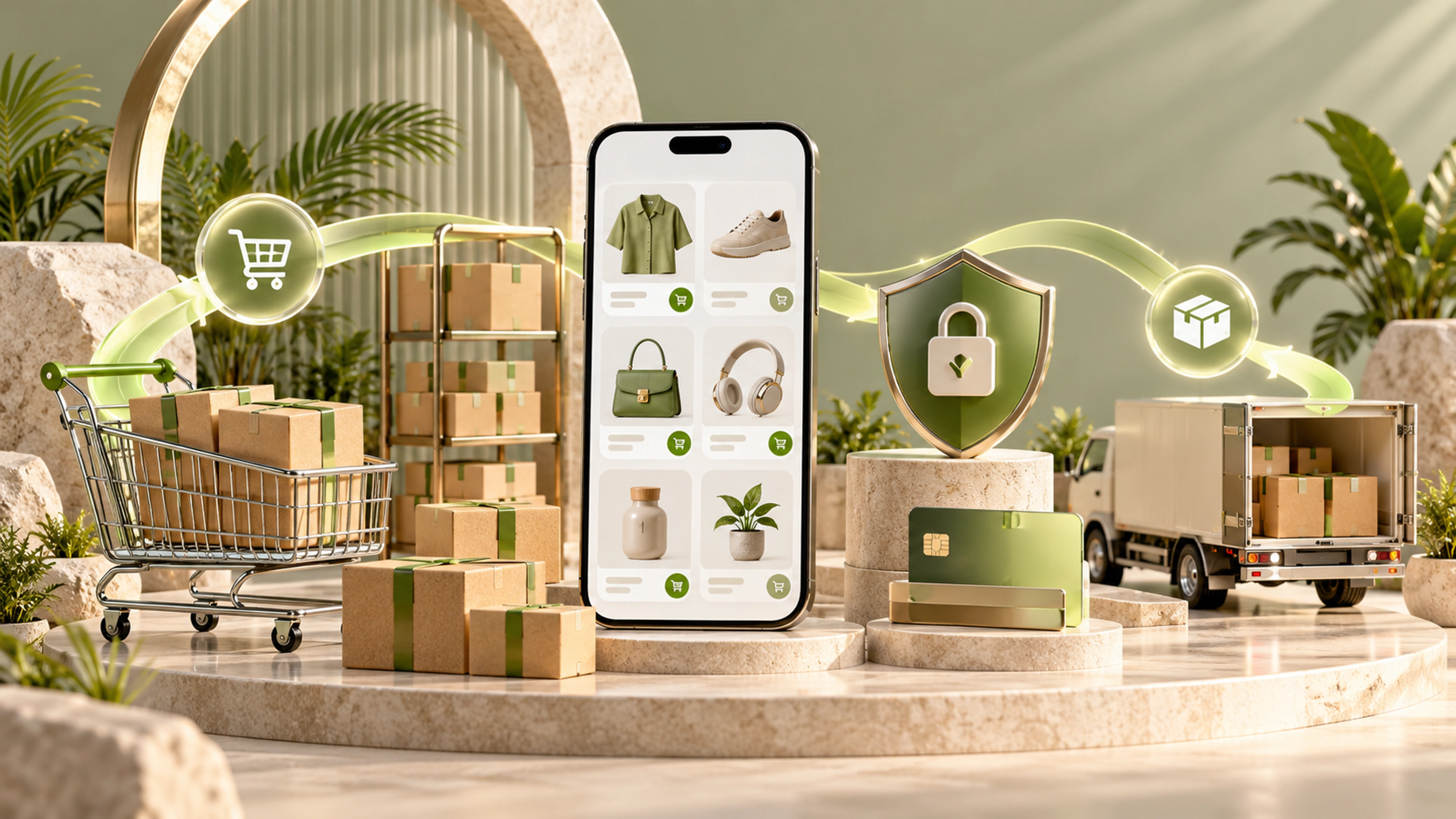 Connected online store with secure payments, inventory and shipping parcels