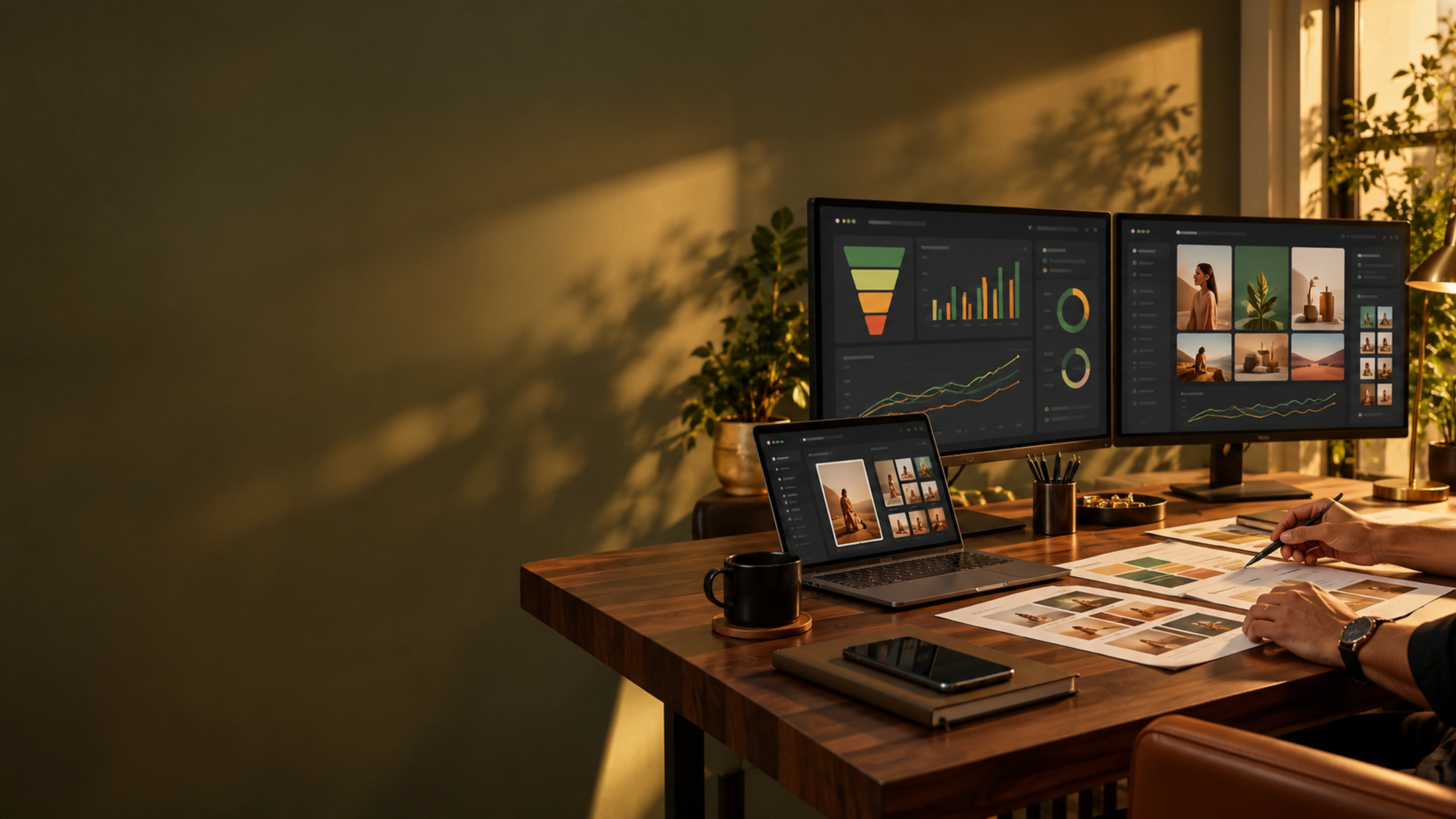 Performance marketing workspace with paid campaign analytics, conversion funnels, and ad creatives