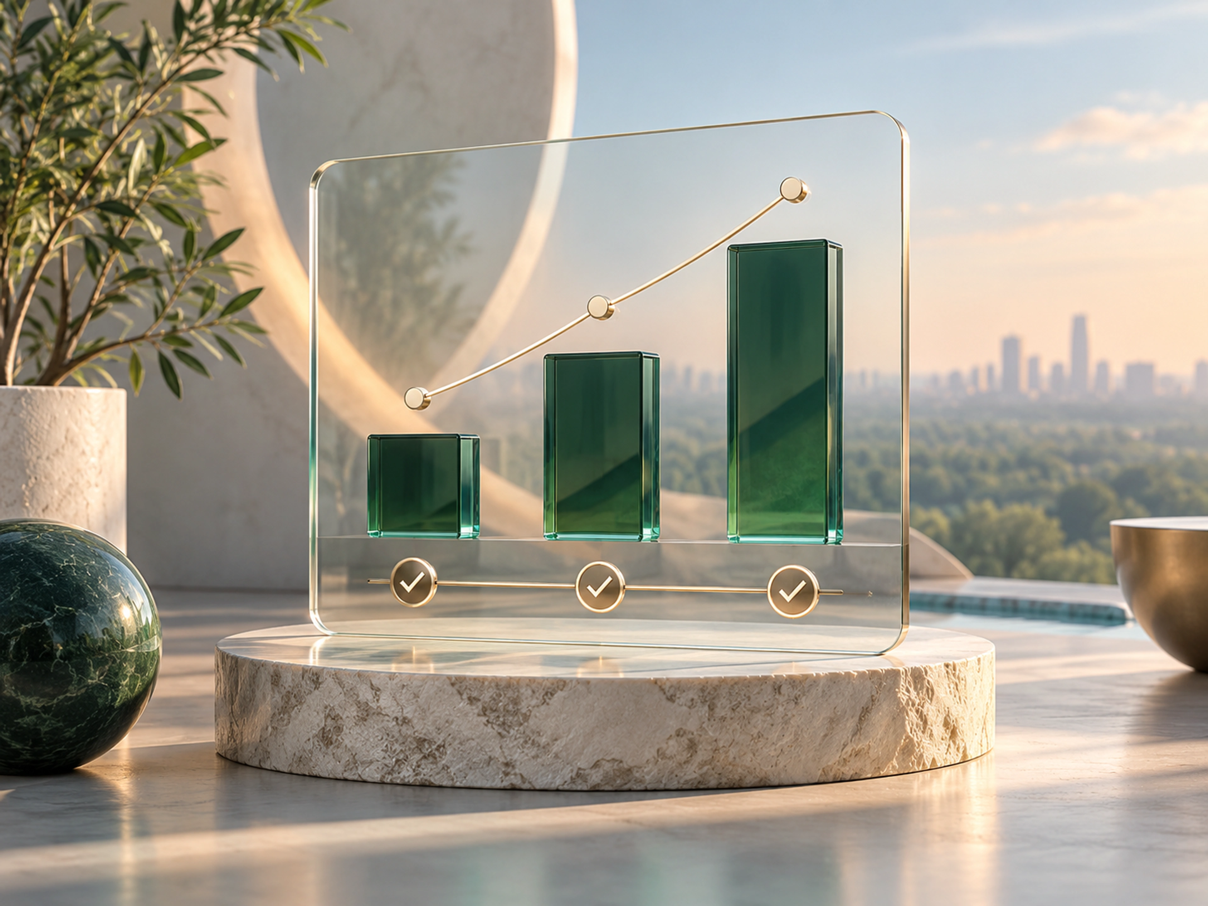 A glass reporting dashboard with rising charts and project milestones representing clear plans and measurable KPIs.