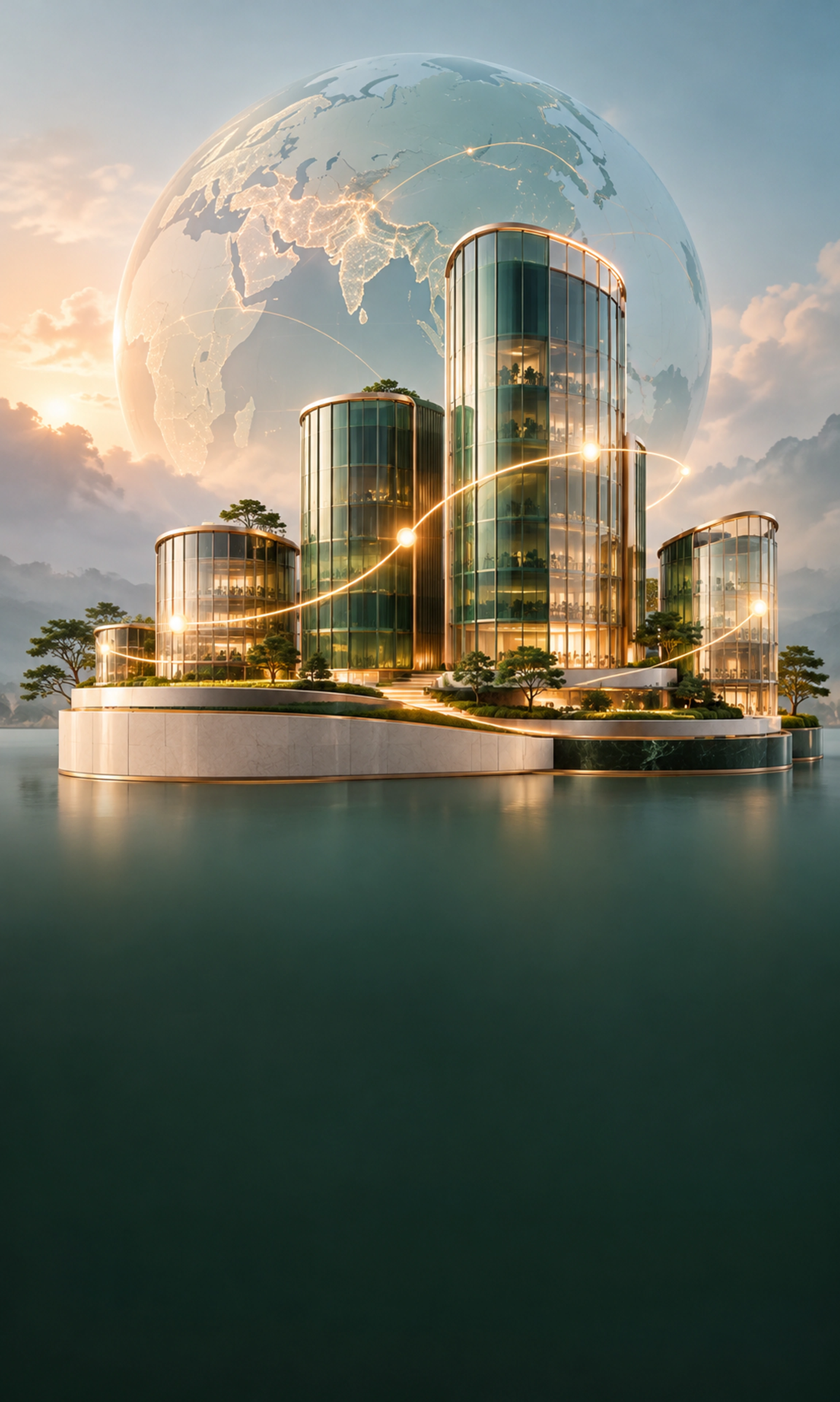 Connected buildings of different sizes and a globe representing startups, SMEs and enterprises across India and abroad.