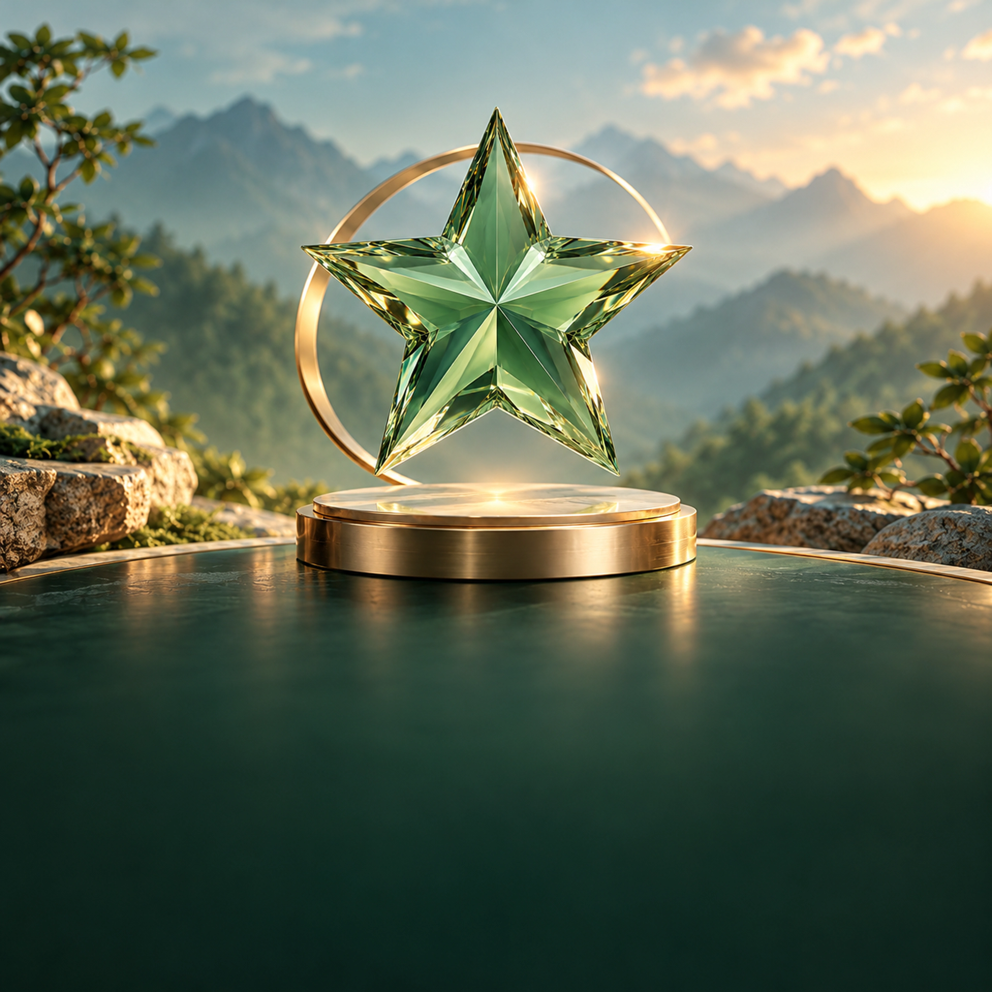 A faceted green glass star on a champagne pedestal representing client satisfaction and reliable service.