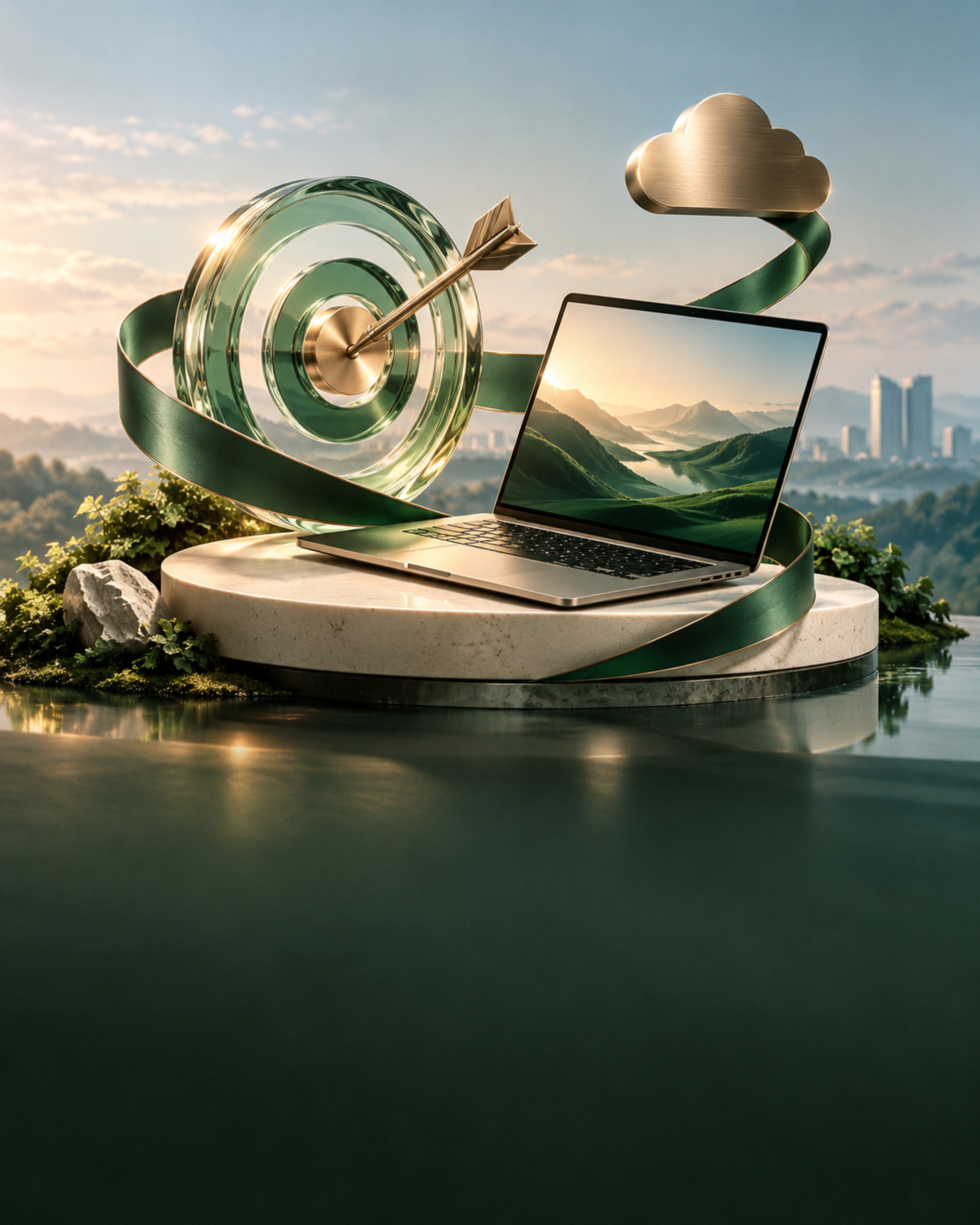 A target, laptop and connected cloud representing digital marketing, software development and IT consulting.