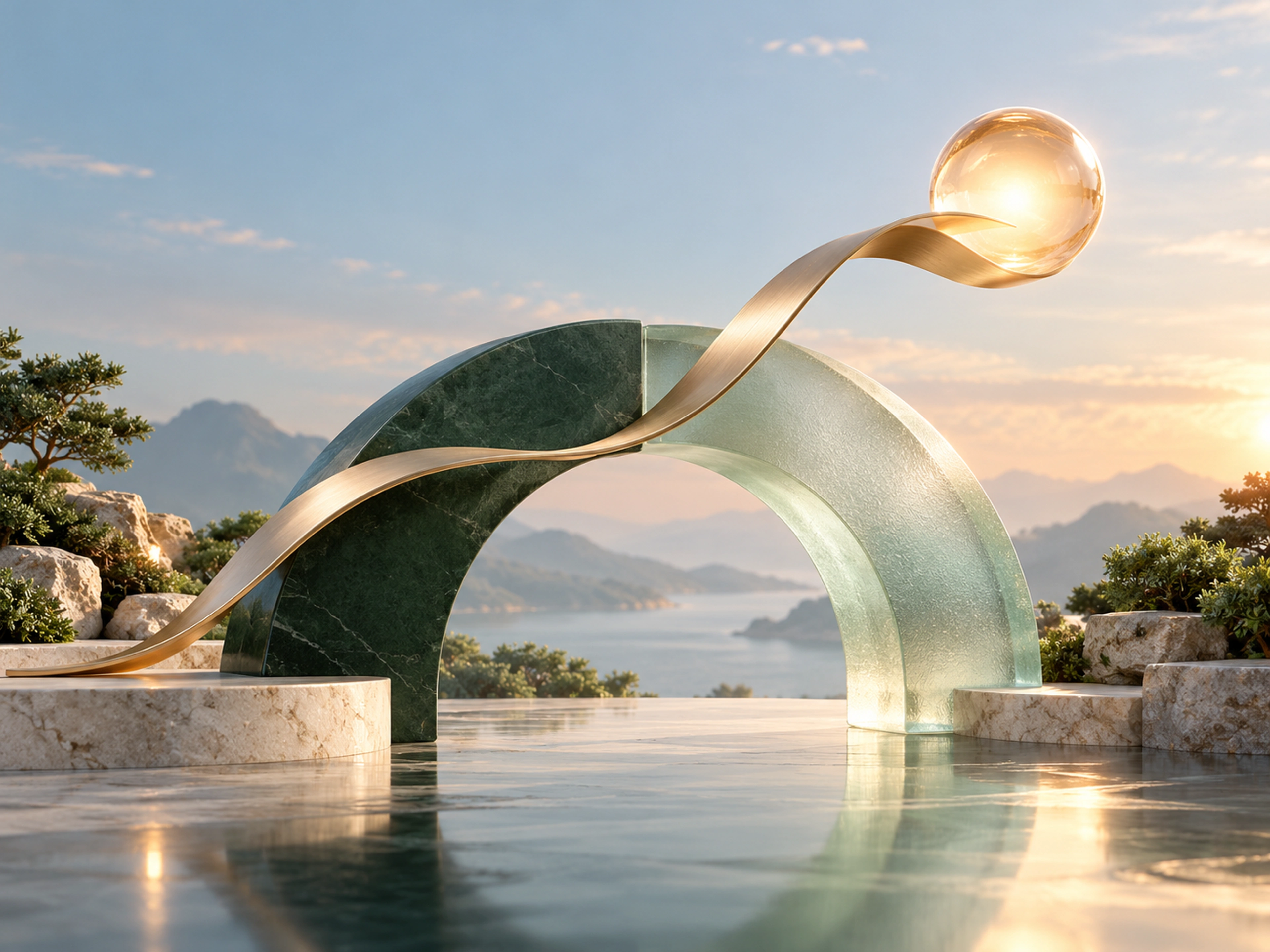 Two complementary sculptural arches joined into a bridge, representing marketing and engineering working toward shared growth.