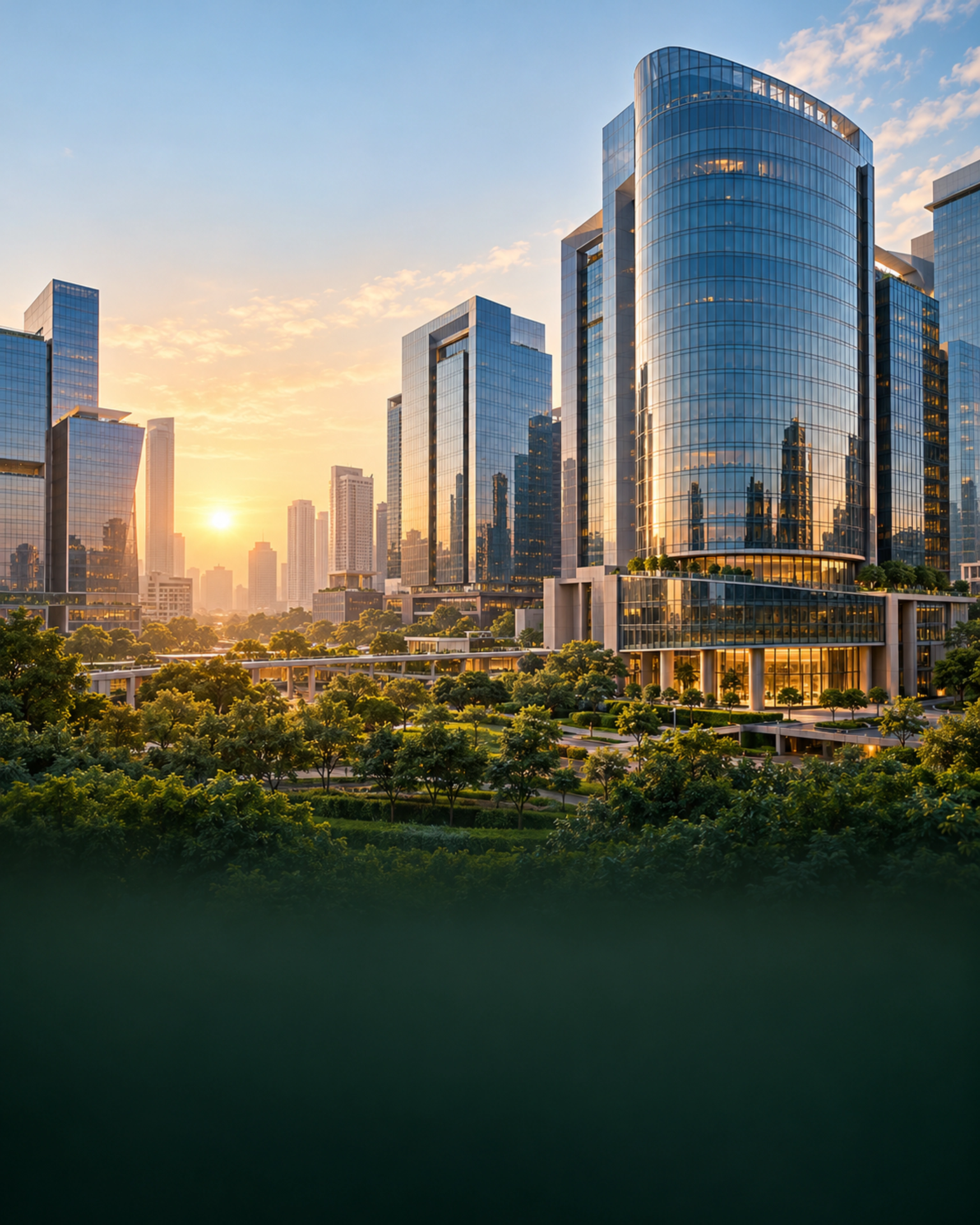 Modern glass office towers and landscaped greenery inspired by Cyber City in Gurugram, Haryana.