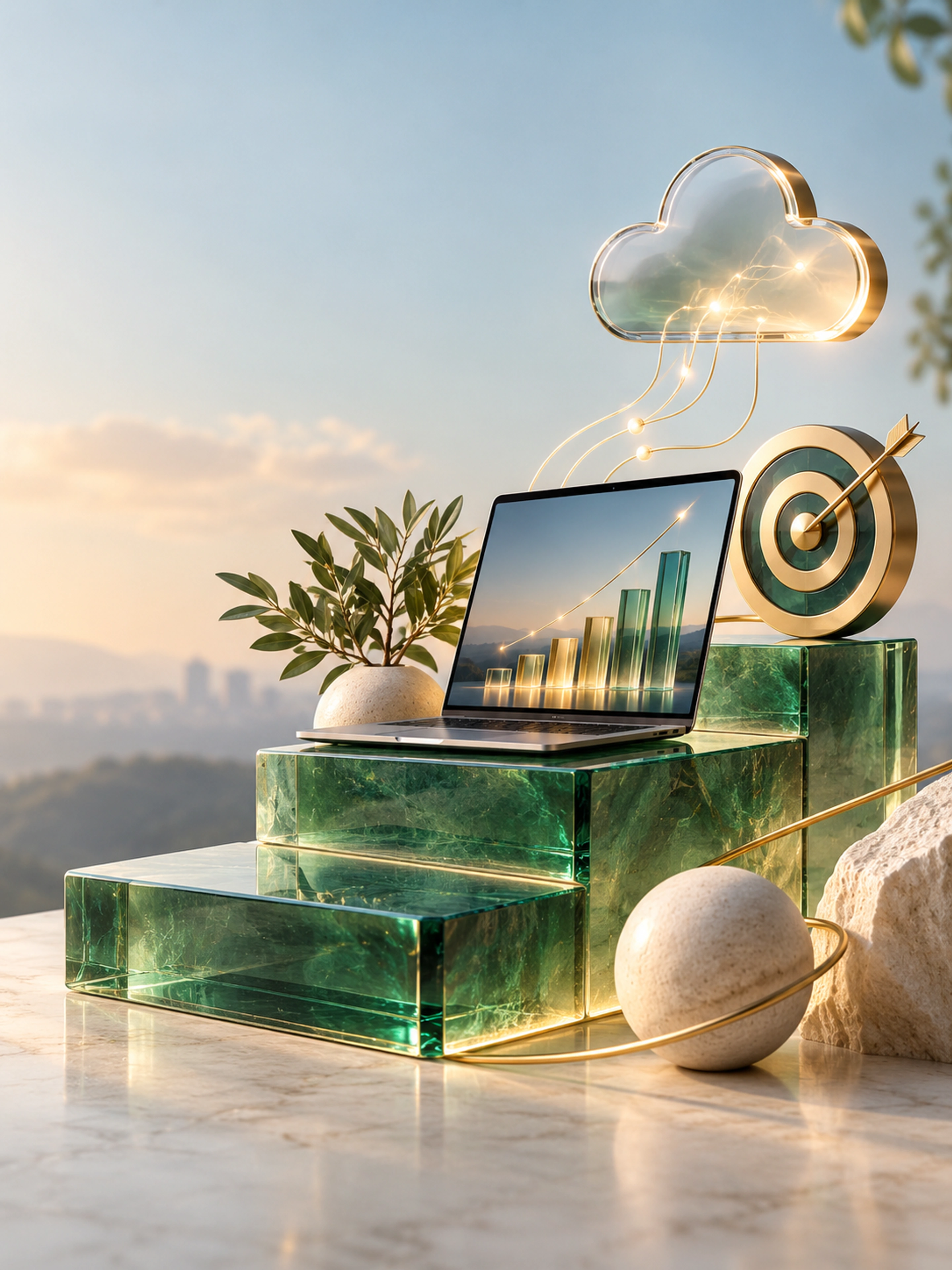 A laptop with rising analytics on green glass steps, connected to a cloud and target, representing integrated business growth.