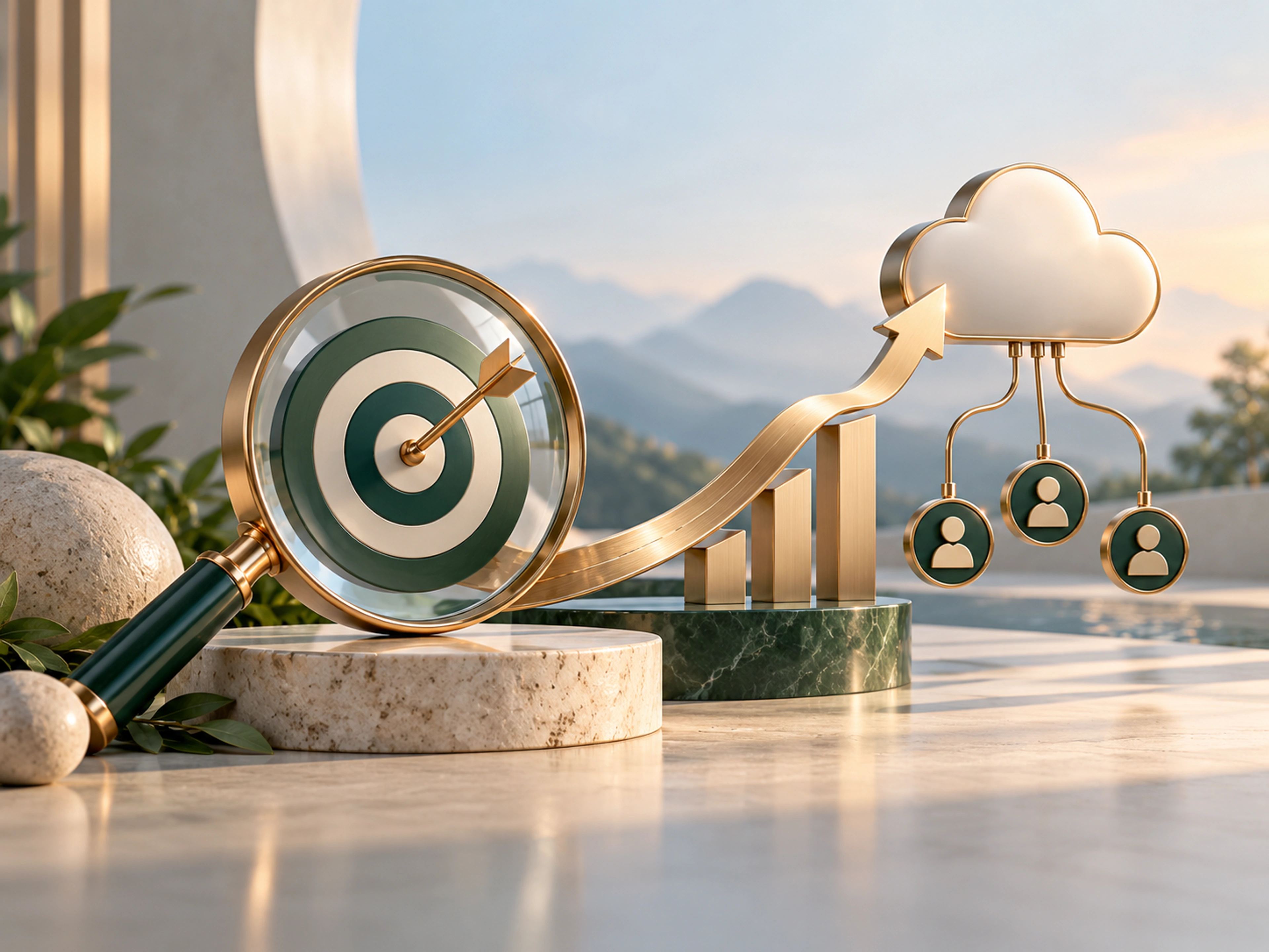 A magnifying lens, target, analytics ribbon and connected cloud illustrating marketing that converts and technology that scales.
