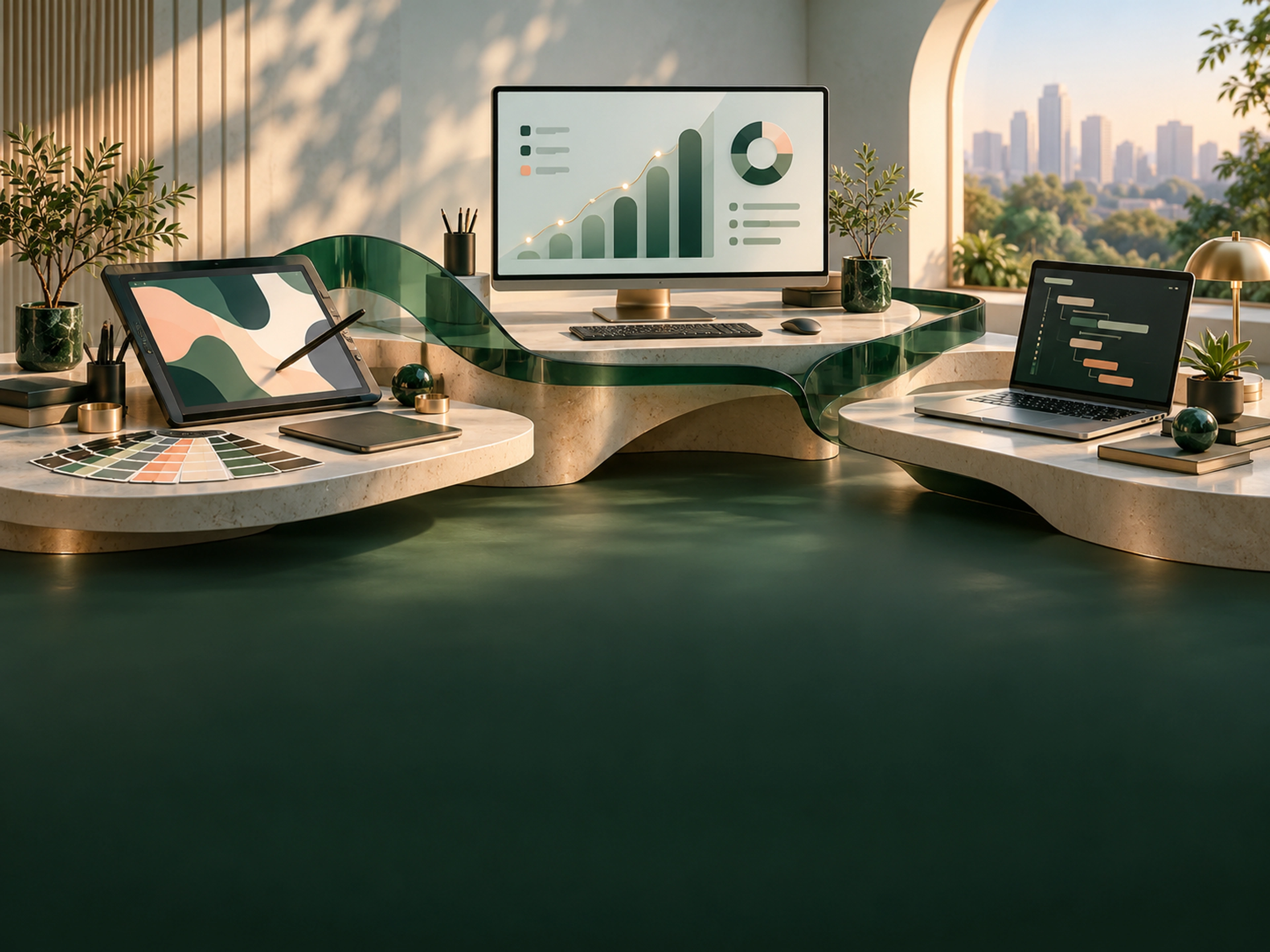 Connected design, marketing and development workstations representing a multidisciplinary team under one roof.