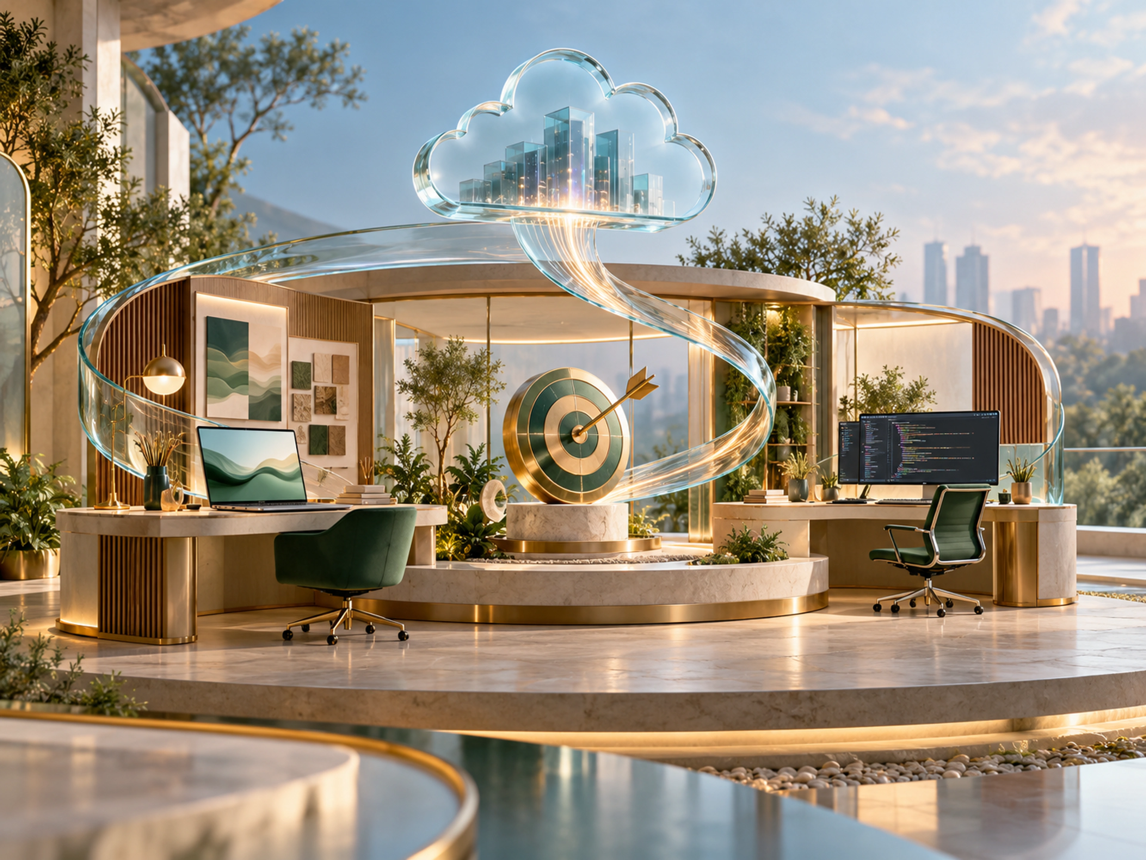 Connected design, marketing and software workstations in one studio, illustrating one team with a technology core.