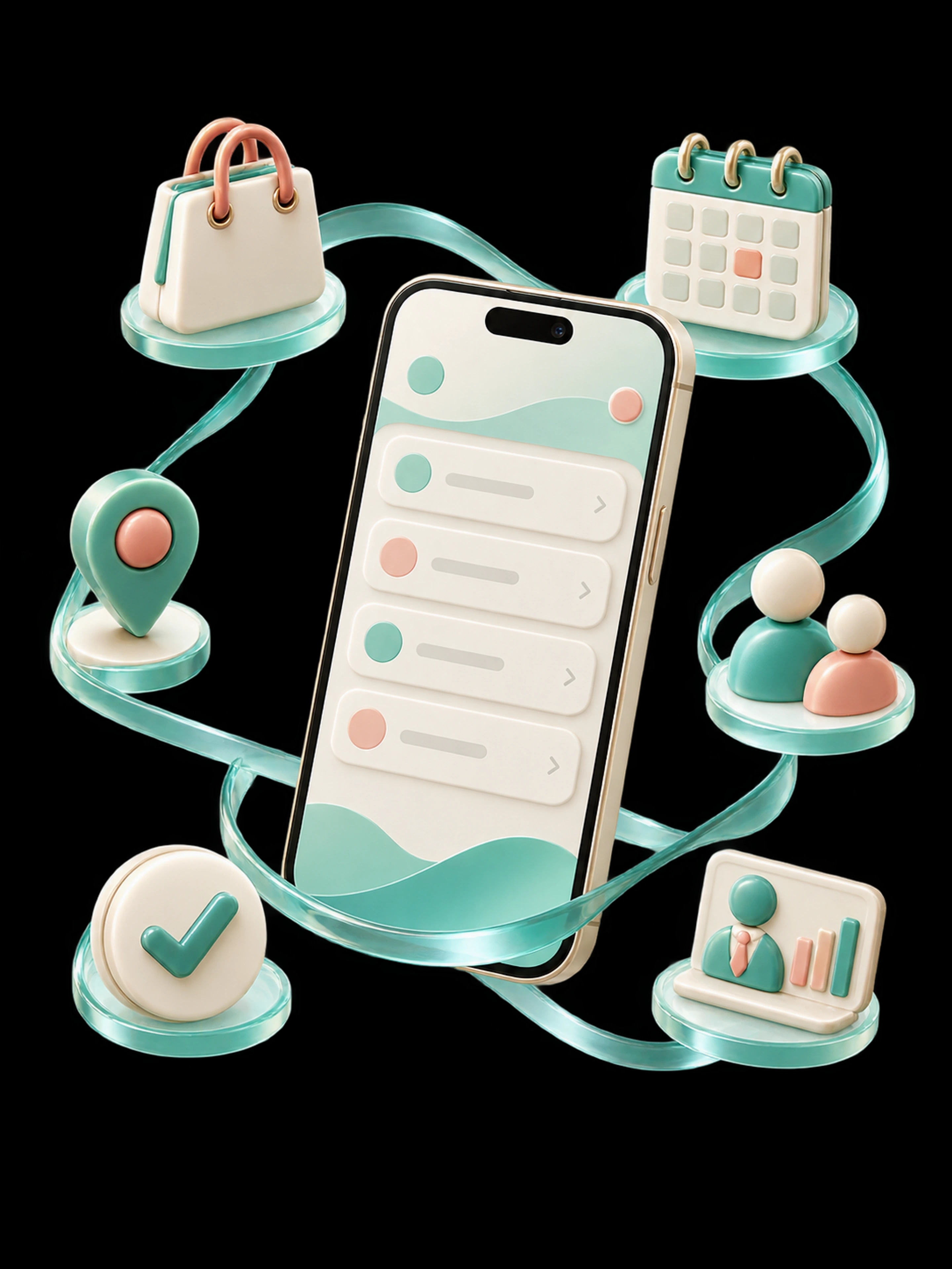 A mobile app connected to commerce, booking, field teams and business dashboards