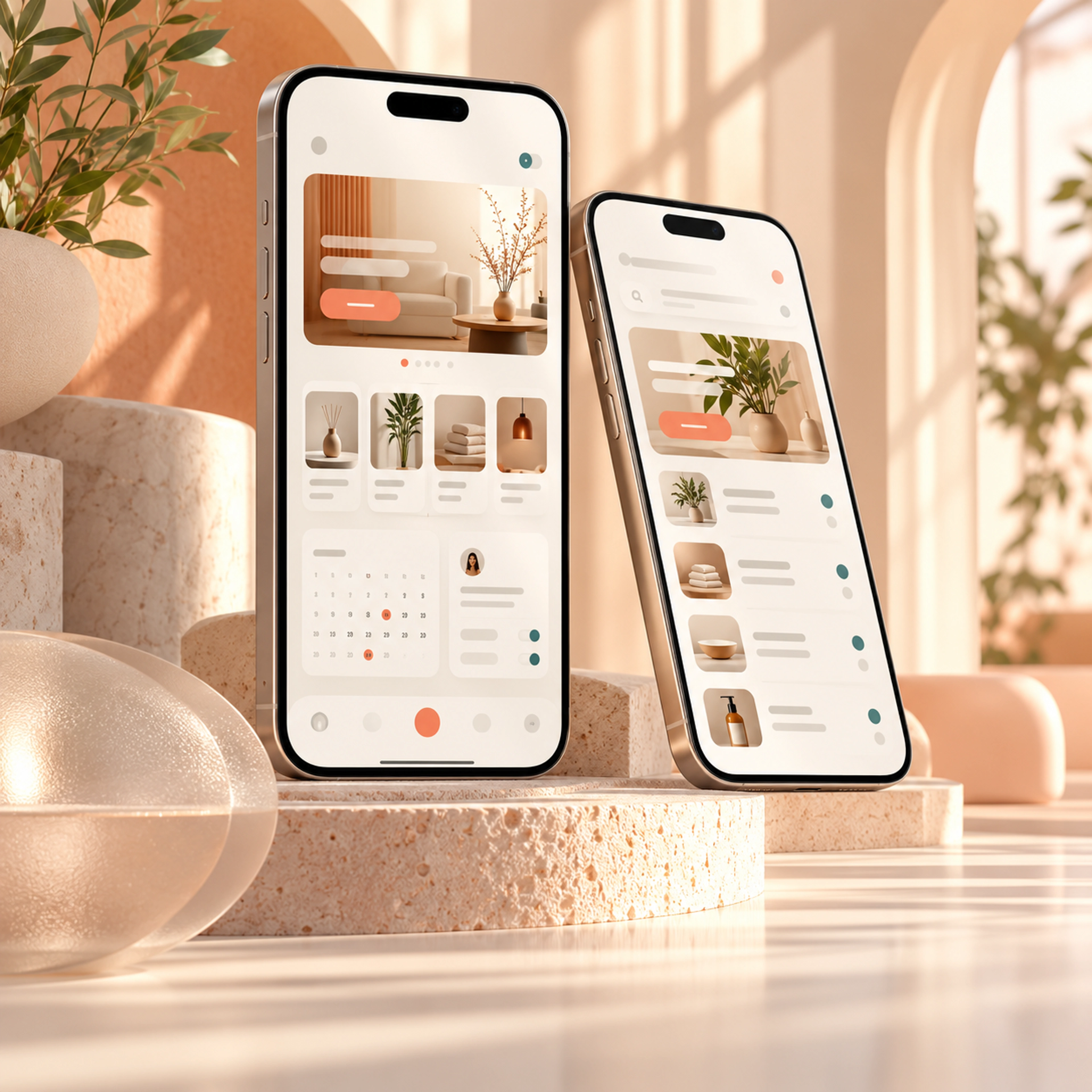 Custom mobile app interfaces displayed on two smartphones