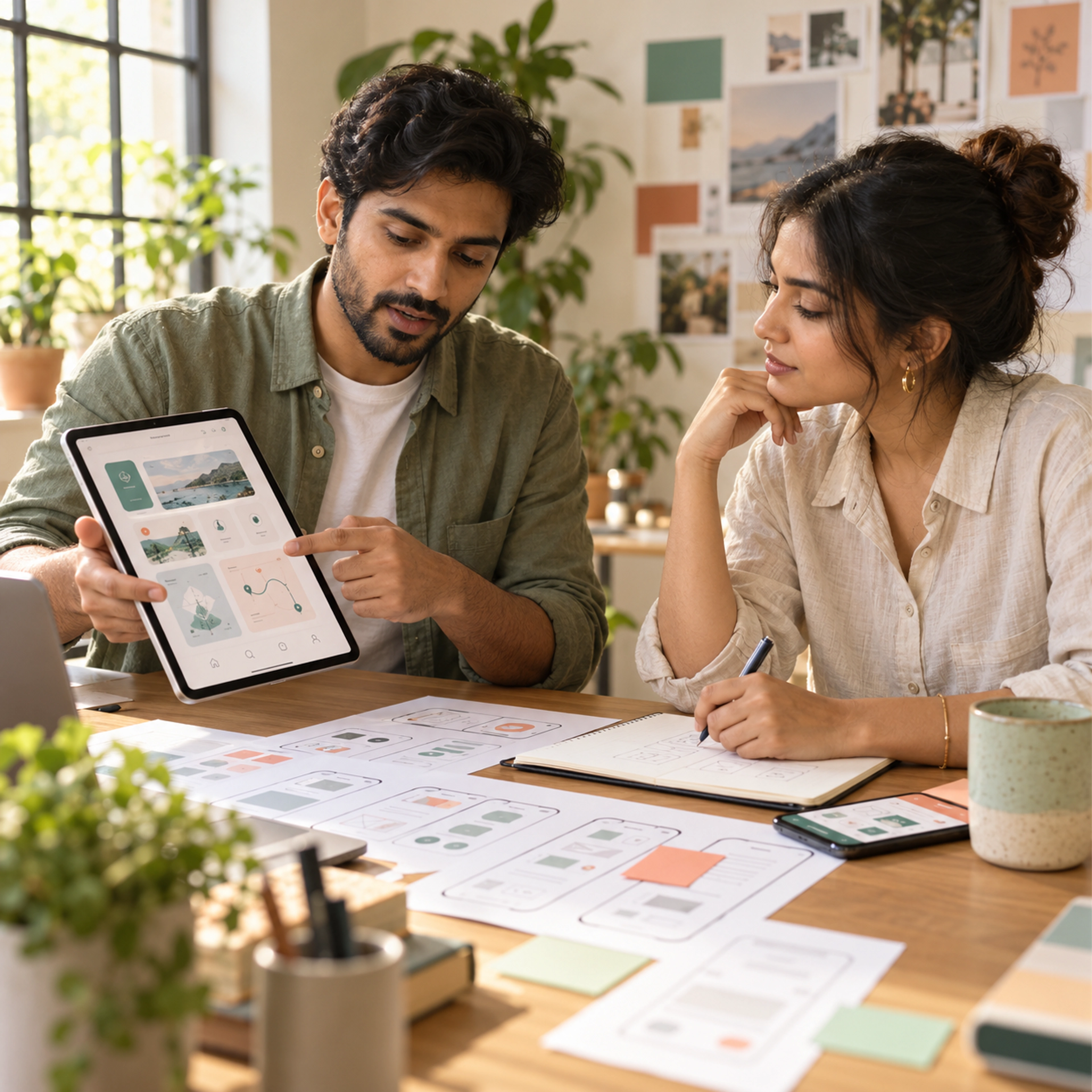 A founder and designer planning a mobile product with wireframes and a prototype