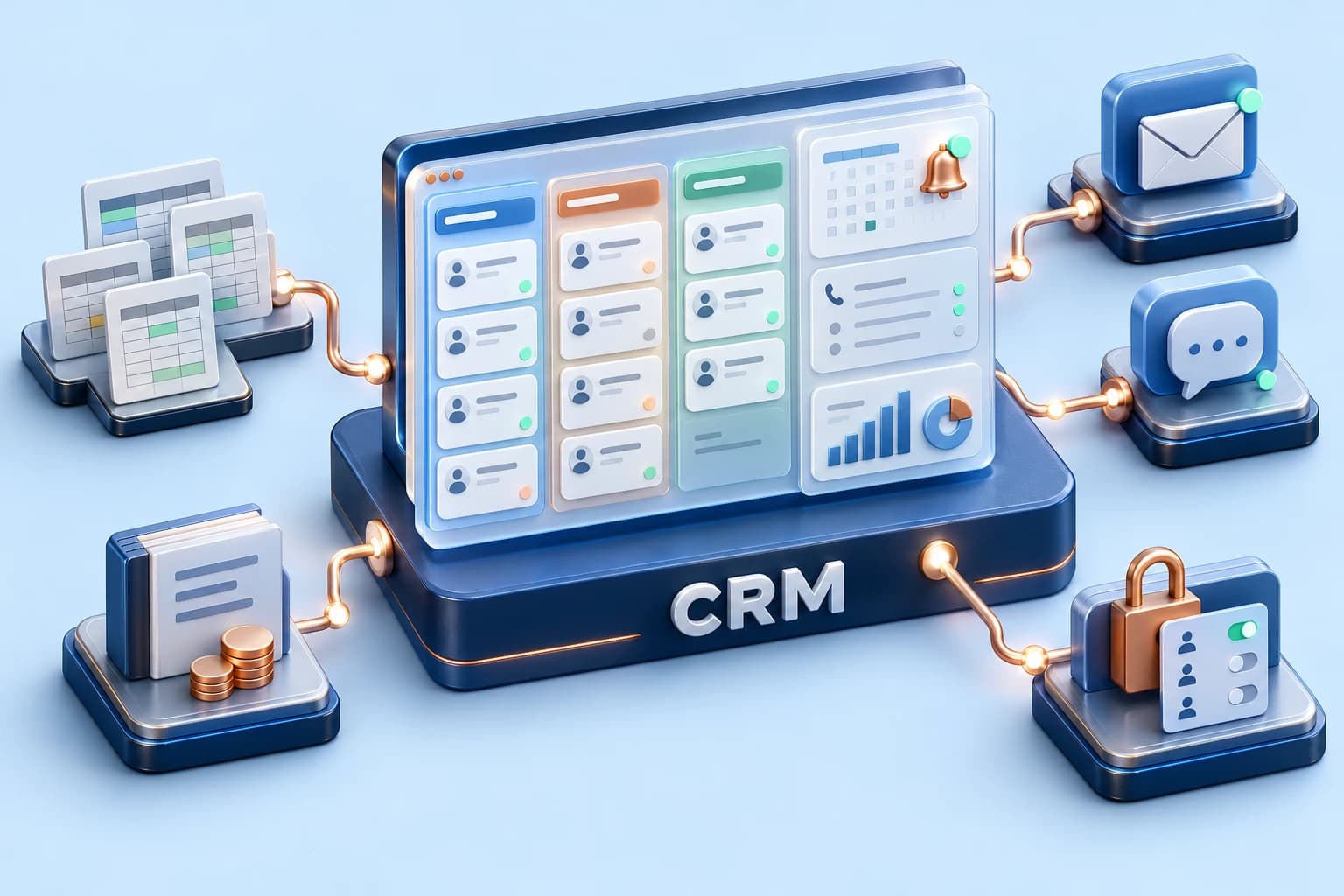 Isometric 3D CRM dashboard with lead pipeline cards, follow-up reminders and sales reports connected to email, messaging, accounting and role-based access modules.