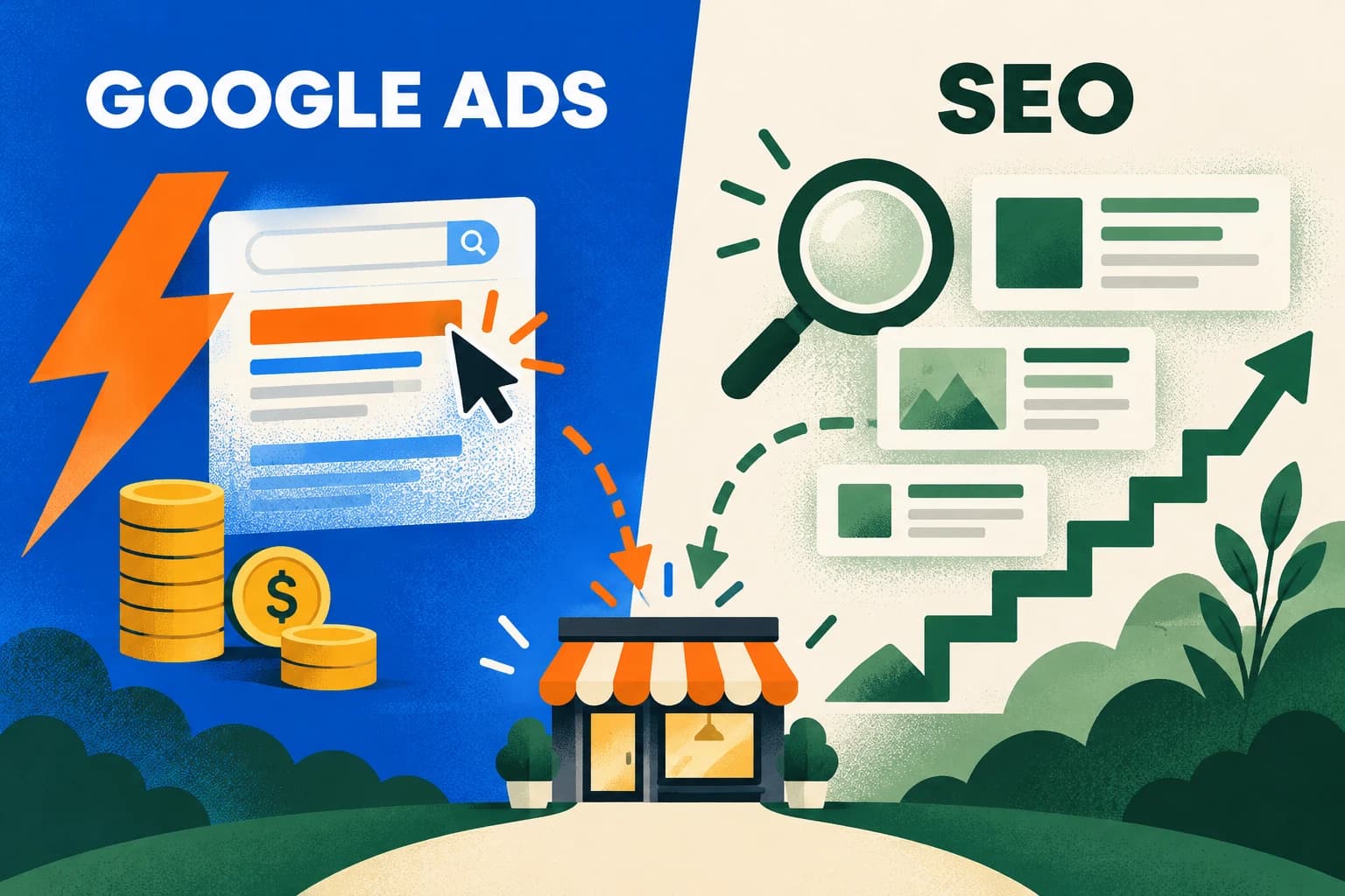Split-screen editorial illustration comparing Google Ads clicks, budget and fast results with SEO content, search visibility and steady growth, both supporting the same business.