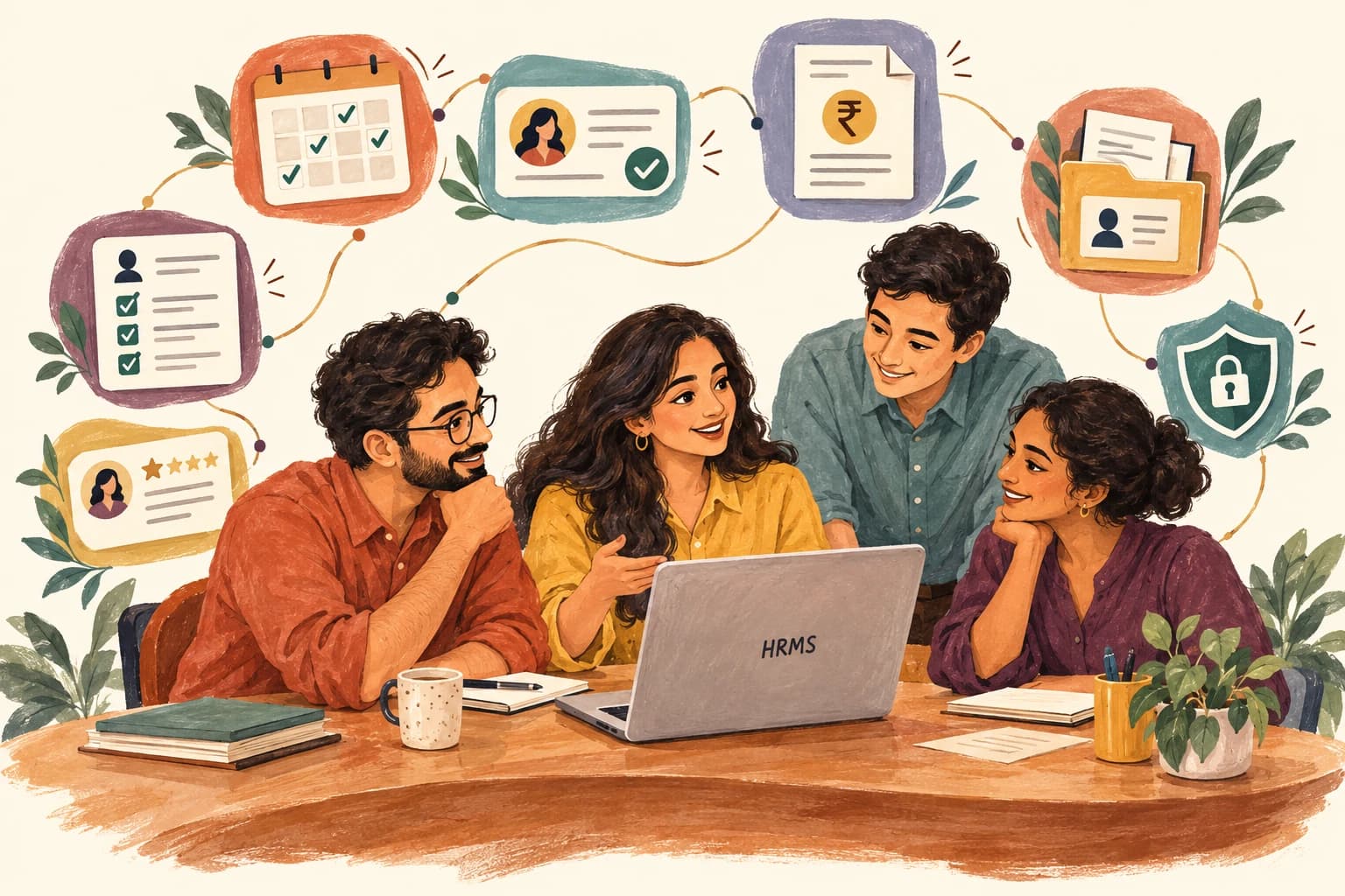 Hand-painted illustration of an HR team around a laptop, linked to attendance, leave approvals, payroll, employee records, performance reviews and data security.