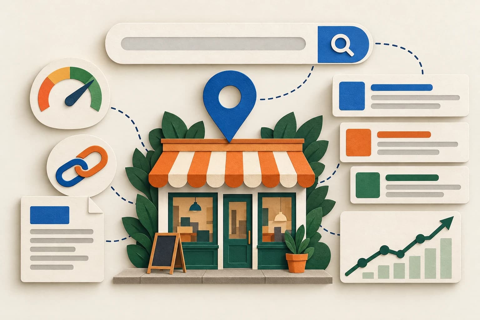 Paper-cut illustration of a small storefront connected to a search bar, local map pin, search results, website speed, backlinks and growing organic traffic.