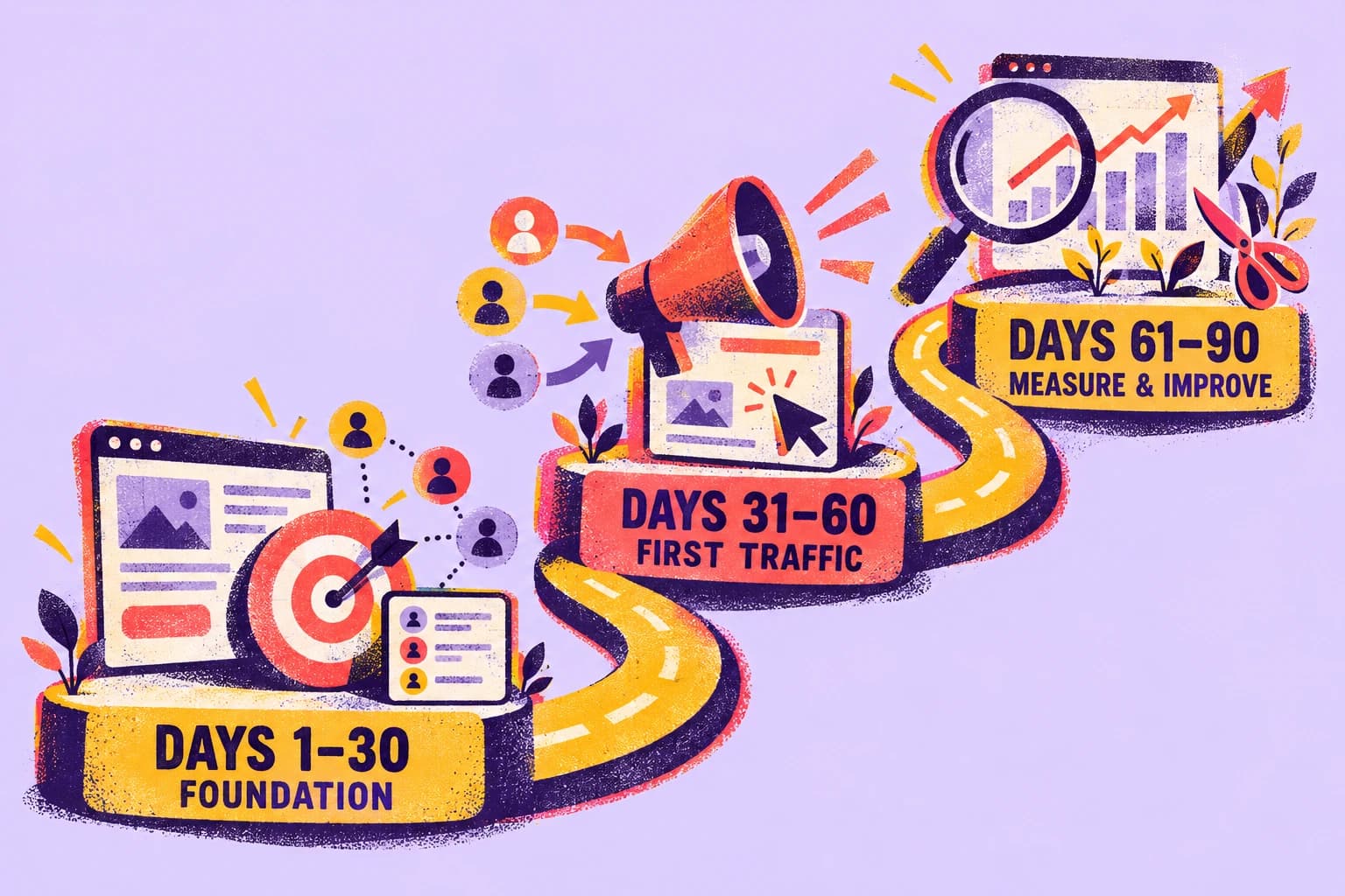 Risograph-style roadmap showing three startup marketing milestones: days 1–30 foundation, days 31–60 first traffic and days 61–90 measure and improve.