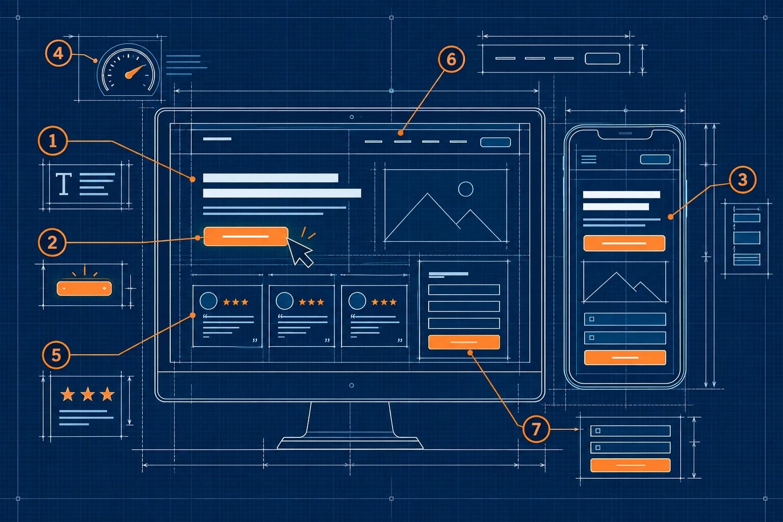 Technical blueprint of desktop and mobile website wireframes with seven numbered callouts highlighting clarity, primary action, mobile design, speed, trust, navigation and contact options.