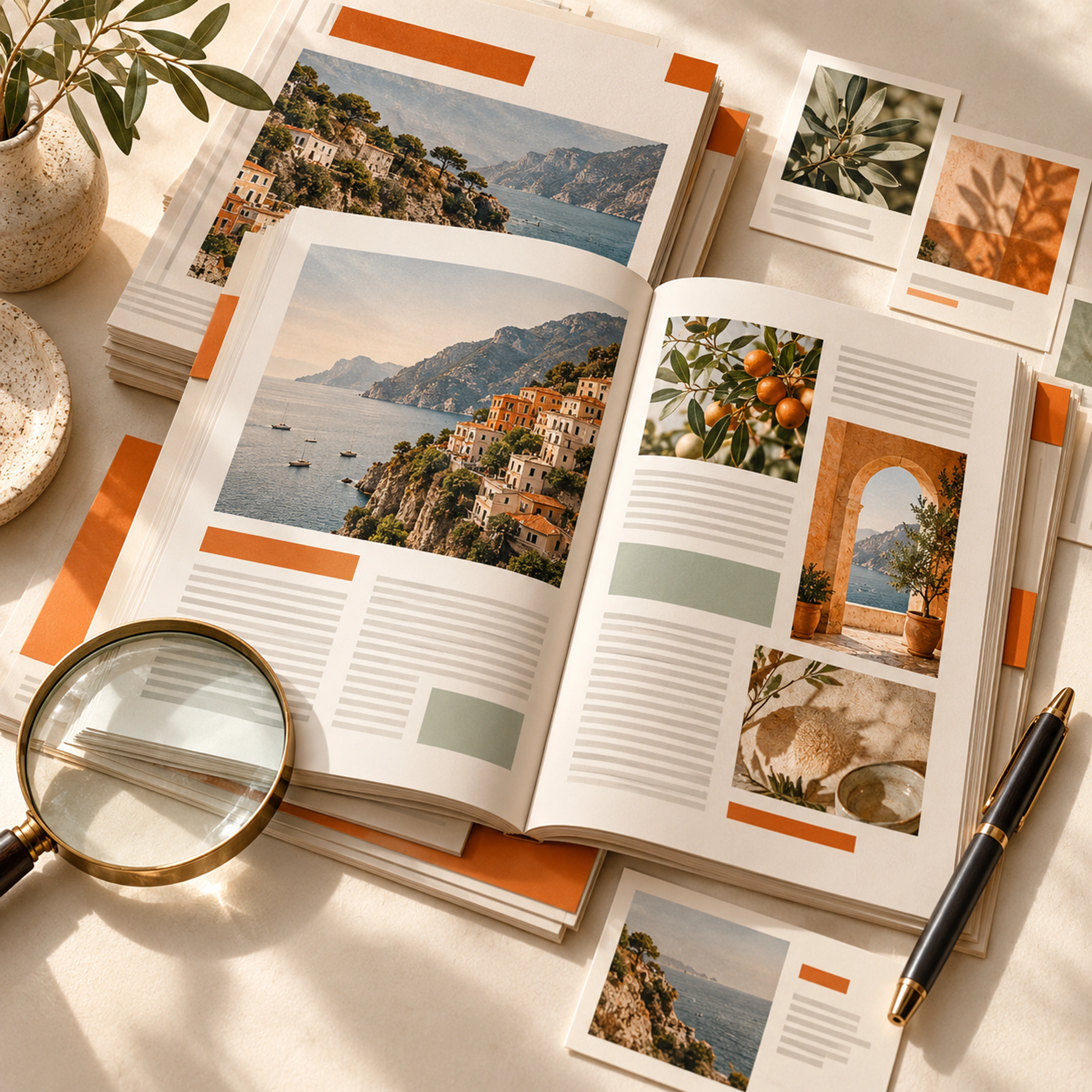 Original blog and article layouts with research notes and editorial tools