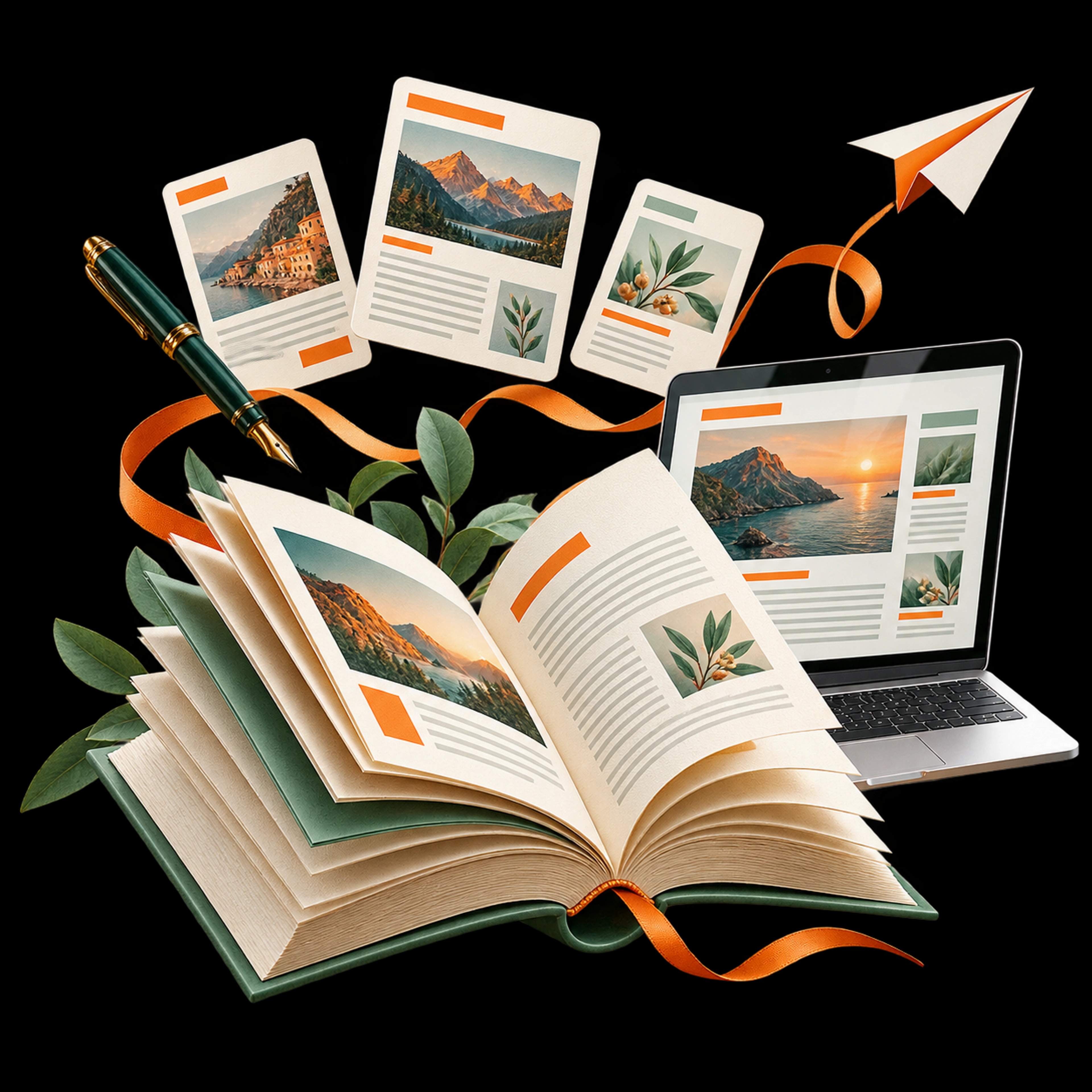 An open publication, laptop and floating article cards illustrating a content engine