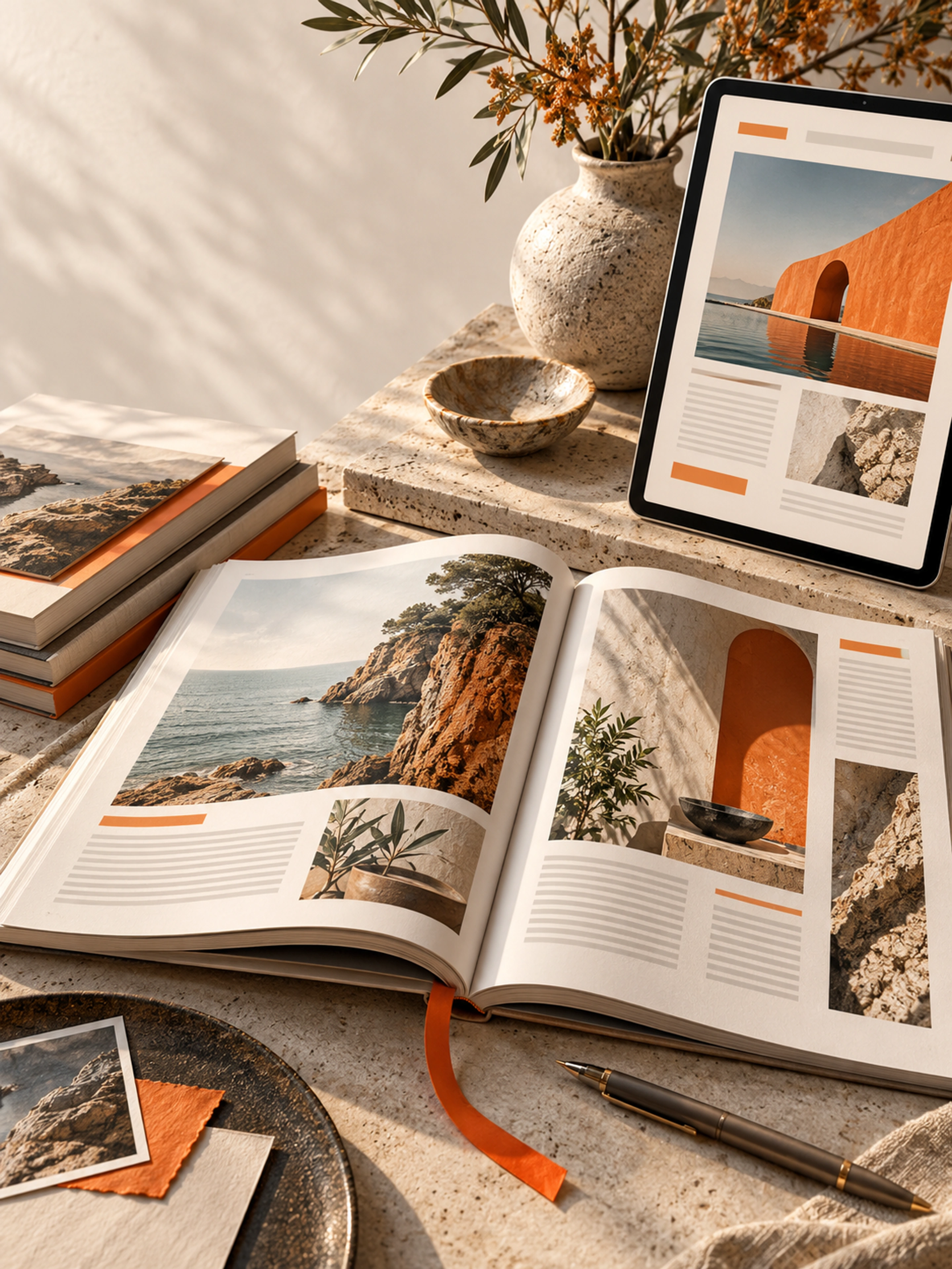 Editorial journal, article layouts and a tablet with original long-form content