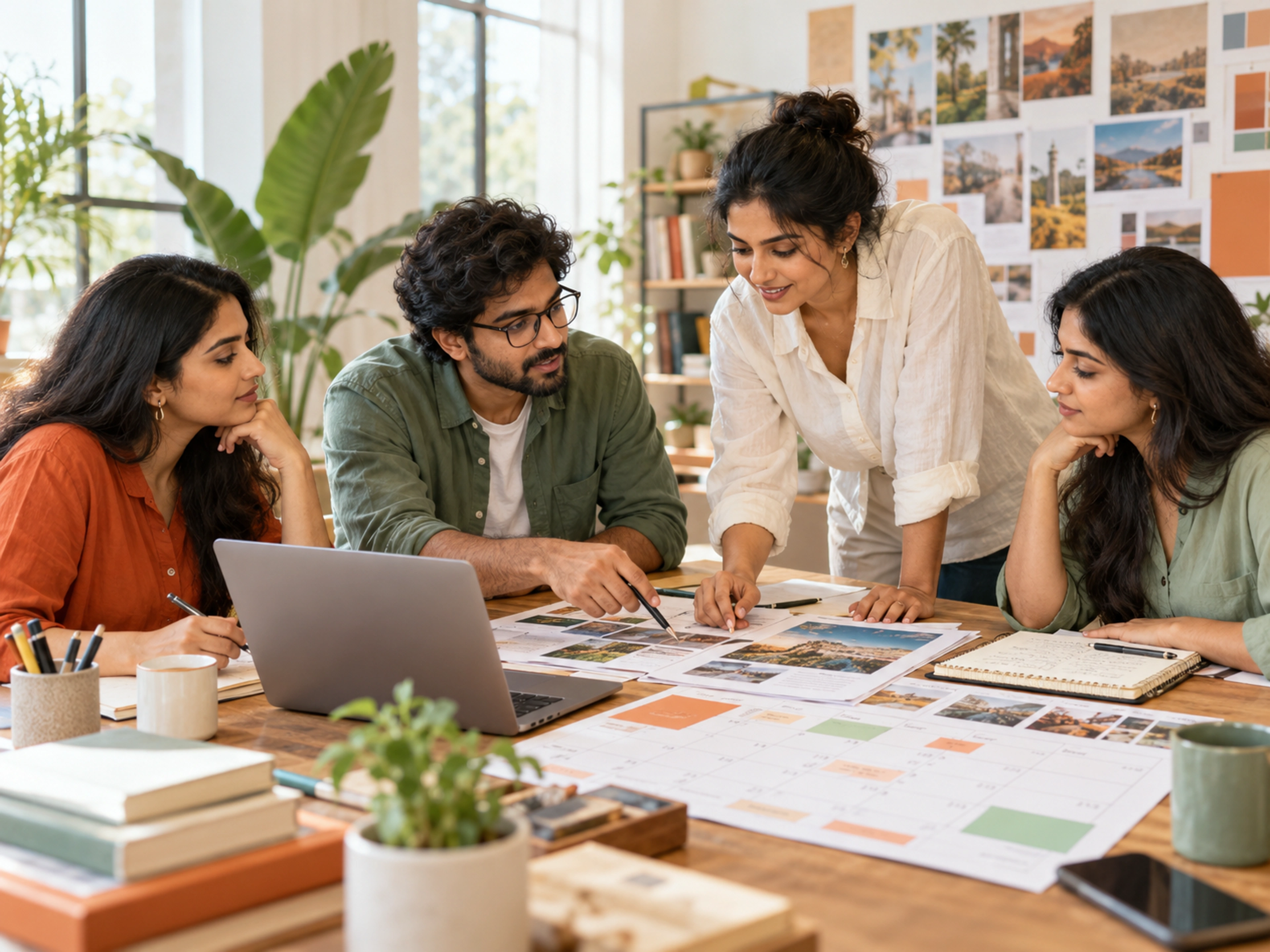 Writers, an editor and a client reviewing a content plan together