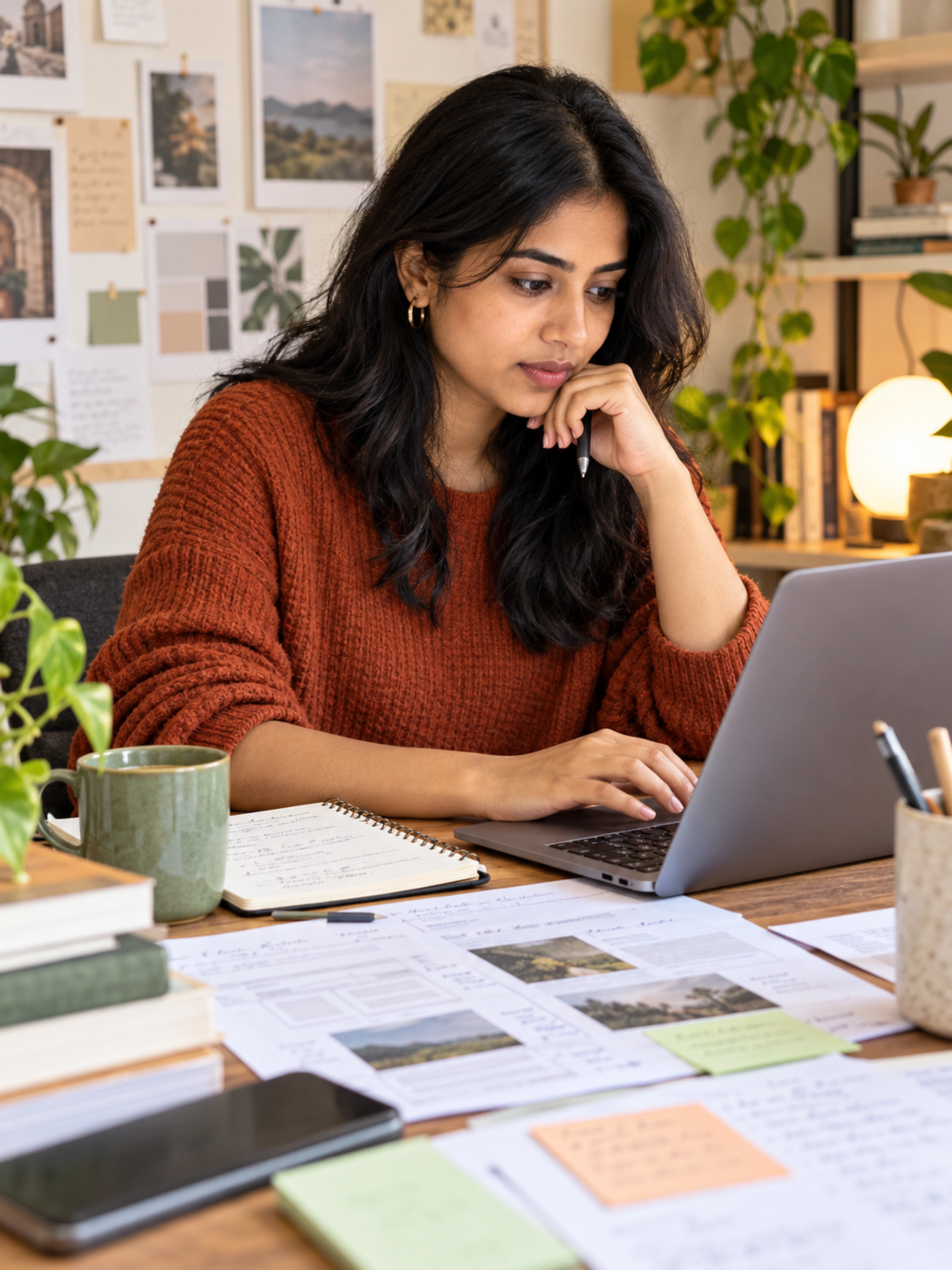 A content writer researching and editing an original article