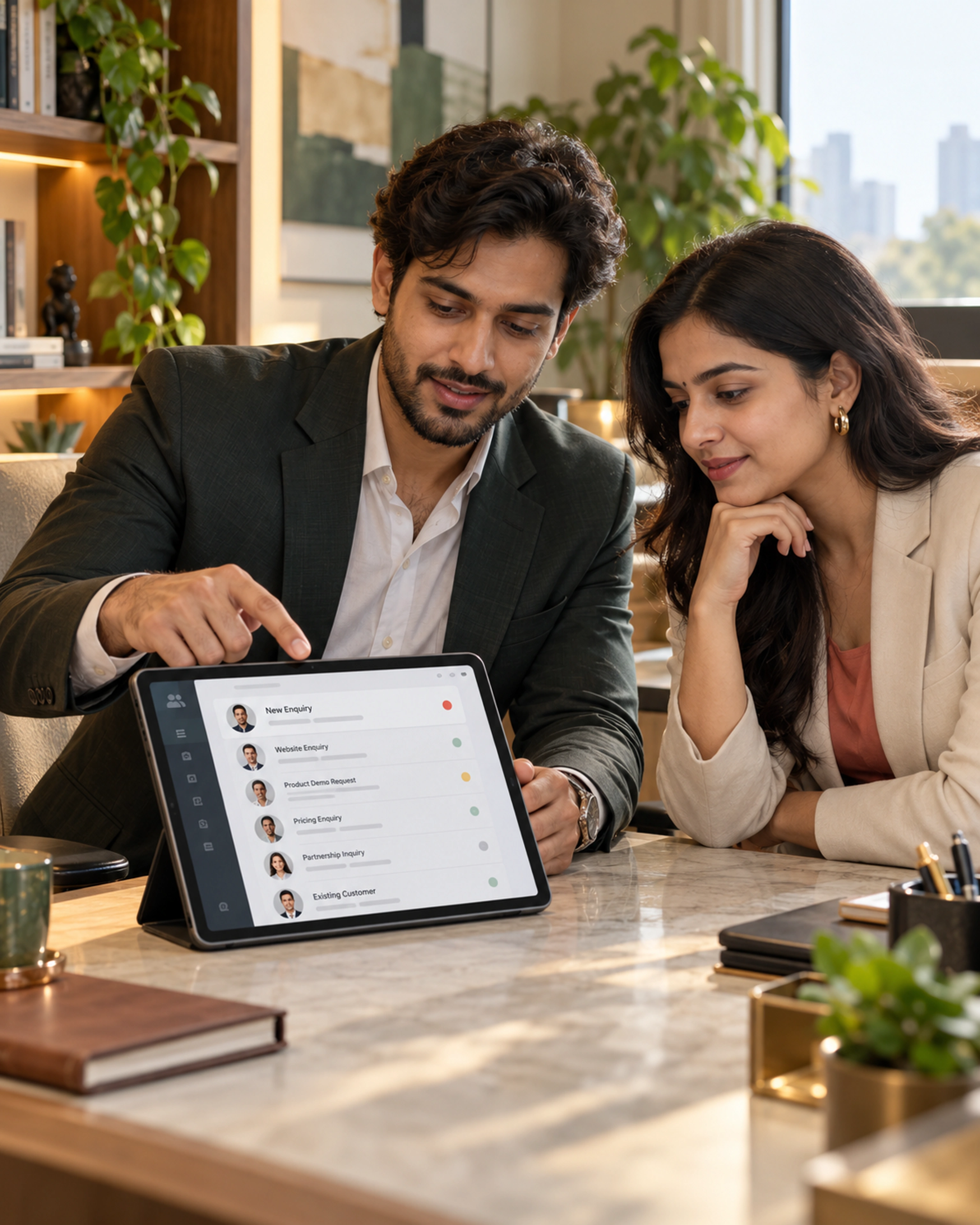 Sales colleagues reviewing new customer enquiries in a shared CRM inbox